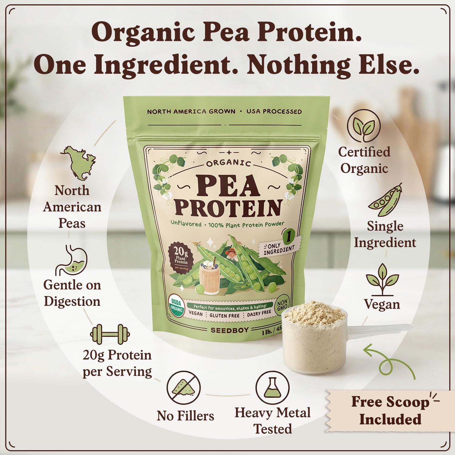 Seedboy Organic Pea Protein Powder Unflavored, 1 lb, 20g Plant-Based Protein, USA Processed & USA/Canada Grown, Vegan, Dairy-Free, Soy-Free, Gluten-Free, Glyphosate-Free, Unsweetened