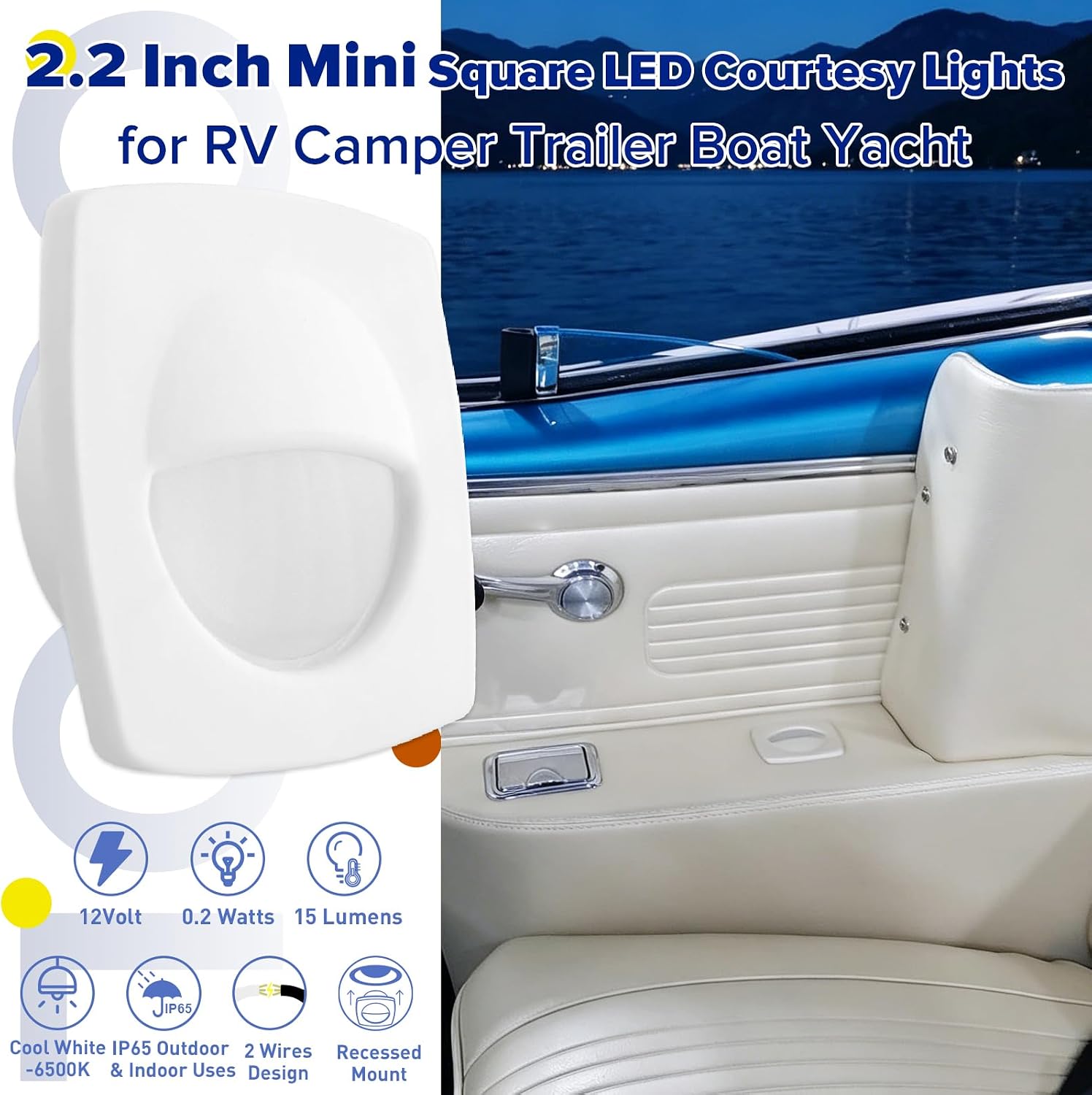 Boat Courtesy Lights 2.2 Inch Square White Boat Deck Lights | 12 volt LED Recessed Mount Low Voltage Mini Stair Light for Marine Sailboat RV Step Light 0.2W 15LM 6000K Lighting, 6-Pack