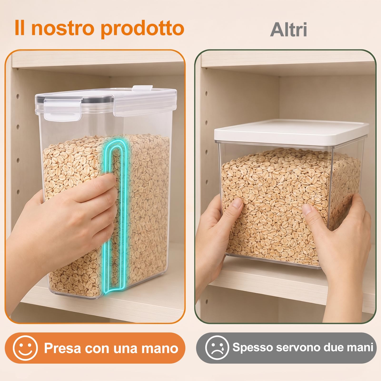 GoMaihe Contenitori Ermetici per Alimenti, 6 x 4 L, Muesli e Cereali | Una Confezione intera per Contenitore: ca. 750 g di Muesli o Cornflakes, 1,5 kg di Fiocchi d’avena, 2 kg Farina; Senza BPA