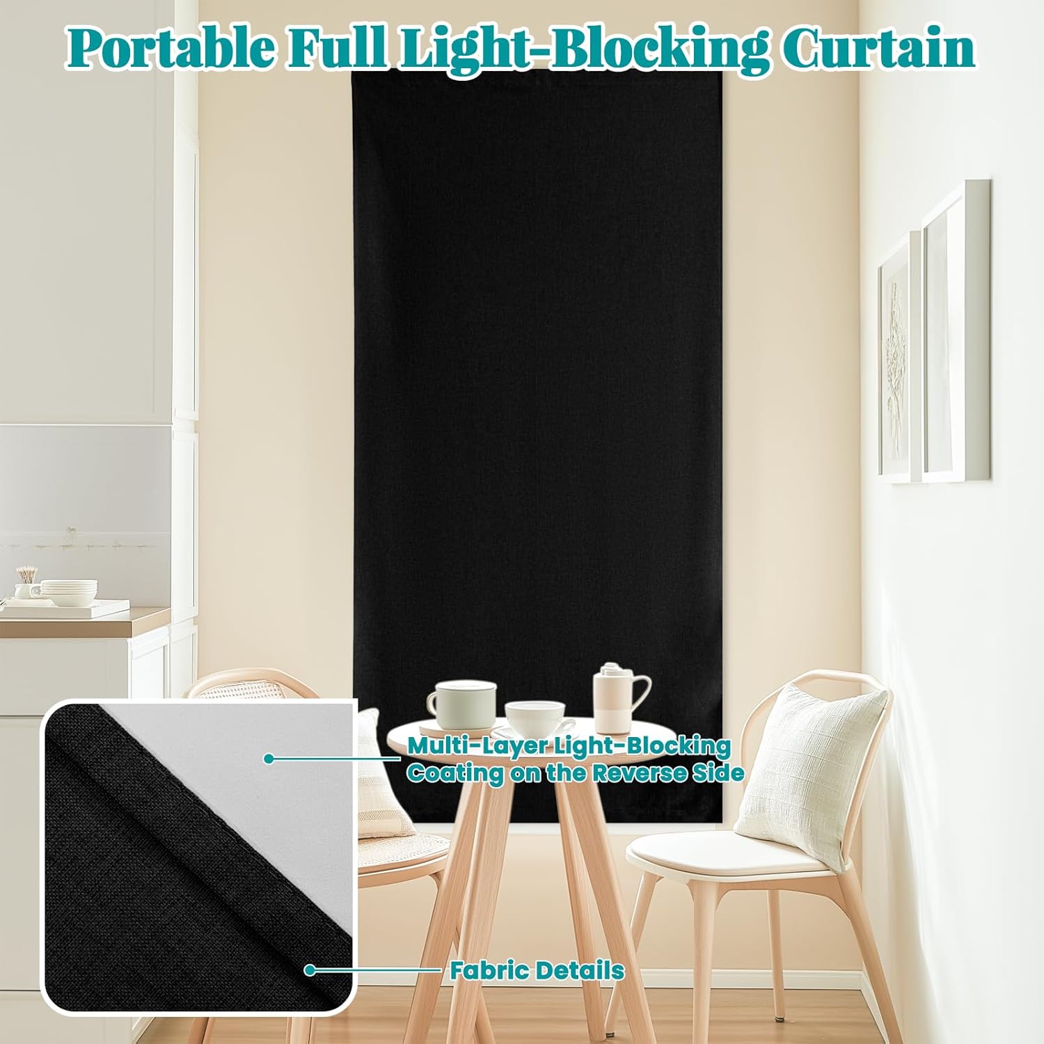 100% Blackout Self Adhesive Curtains Portable Blackout Curtain Simple and Easy to install Bedroom Window Thermal Lnsulated Kitchen Room Darkening Black Small Drapes, W35 x L72 inch, 1 Panel, Black
