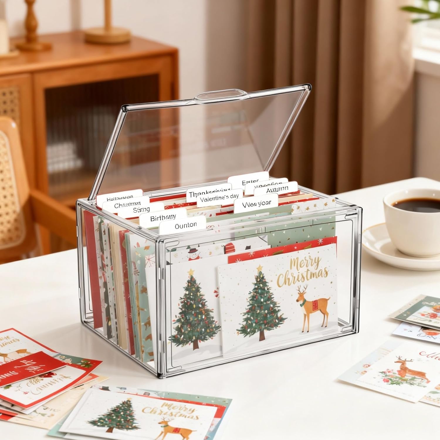 Tenceur Acrylic Greeting Card Organizer & Storage Box with 20 Colorful Removable Adjustable Dividers and Labels for Holiday Birthday Wedding Cards Photos, Crafts, Scrapbooking, Paper, Envelopes
