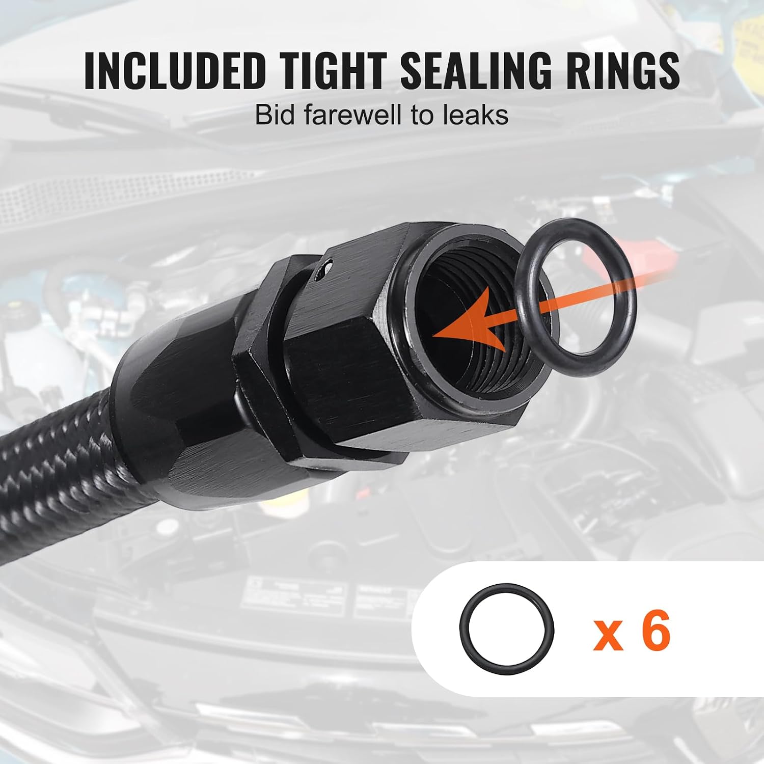 VEVOR 10 FT Nylon Stainless Steel Braided Fuel Line - 0.55" ID, 7 Swivel Fitting Adapter Kit, Black