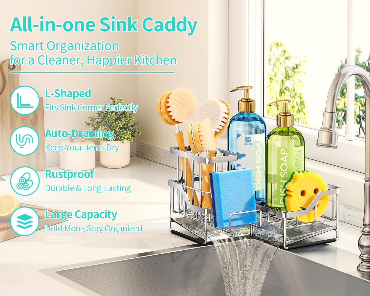 HapiRm Sponge Holder for Kitchen Sink - Rustproof L-Shaped Sink Caddy image 2