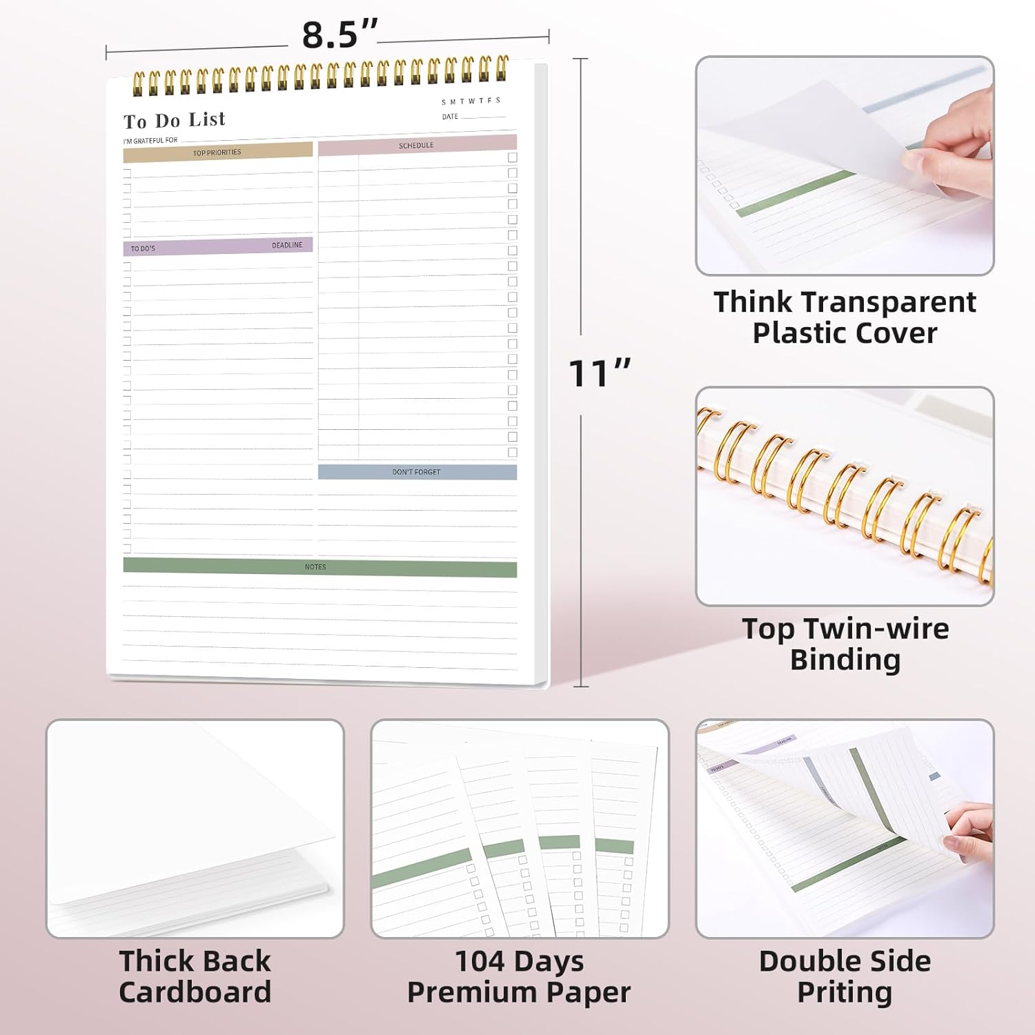 To Do List Notepad Undated, Daily To Do List Notebook (8.5"x 11") Spiral Daily Task Hourly Schedule Planning Pad with Checklist Suitable for Office, Home and School 104 Pages Deepcolor A4-To Do List Notepad image 5 of 6 B0D9Q4MP6D
