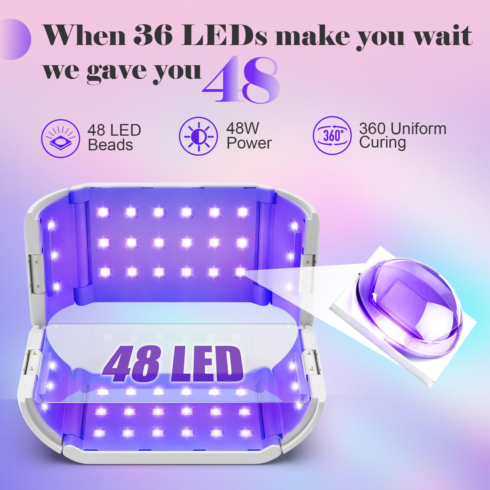 Lámpara de resina UV de 48 W con temporizador (1/3/5 minutos), 395 nm + 365 nm de longitud de onda dual y 48 LED para cobertura de 360°, luz de curado rápido para uñas, joyas y bricolaje, incluye 2