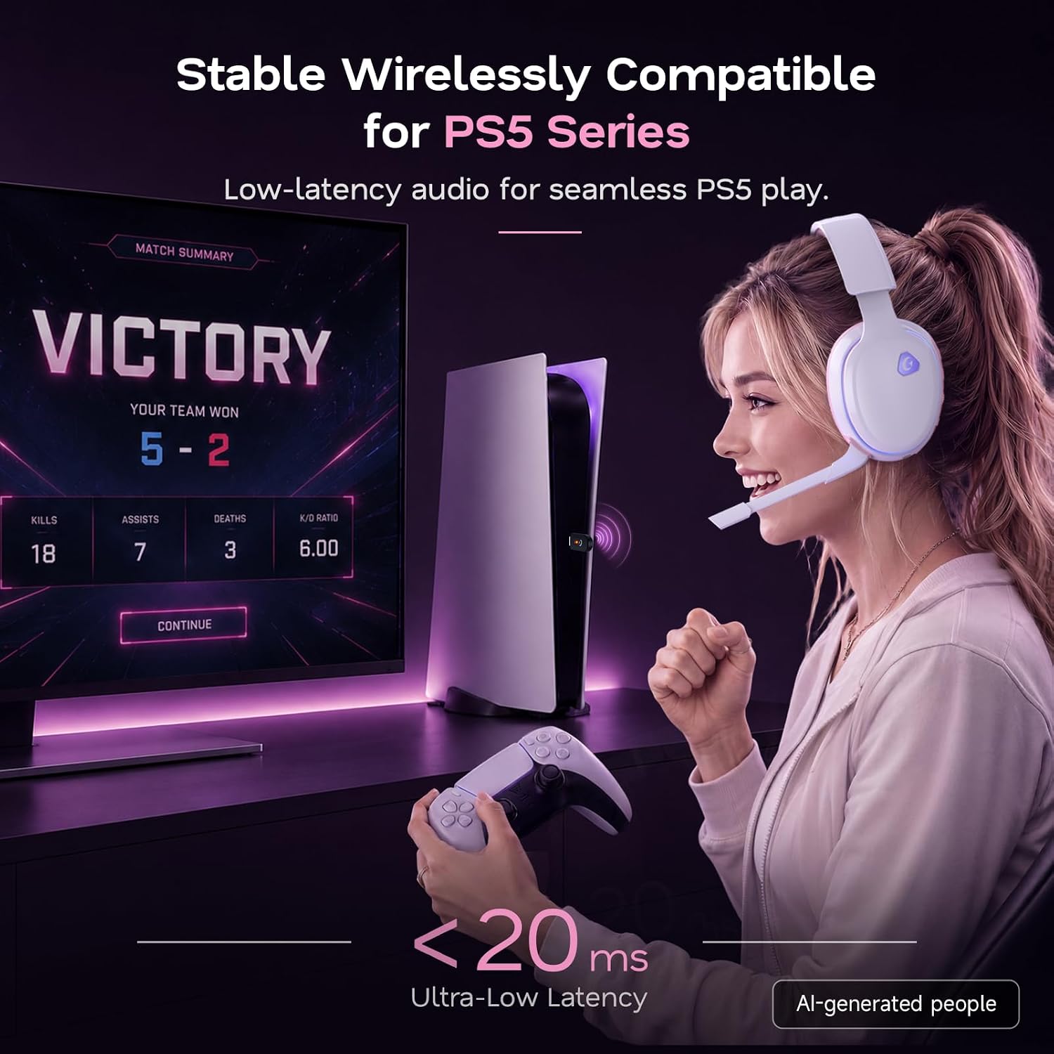 AOC 2.4GHz Wireless Gaming Headset for PS5, PS4, PC, Switch, 45Hr, Pink | Bluetooth 6.0 Gaming Headphones with Noise Canceling Mic, 7.1 Virtual Surround, Great for Fortnite & Call of Duty/FPS Gamers