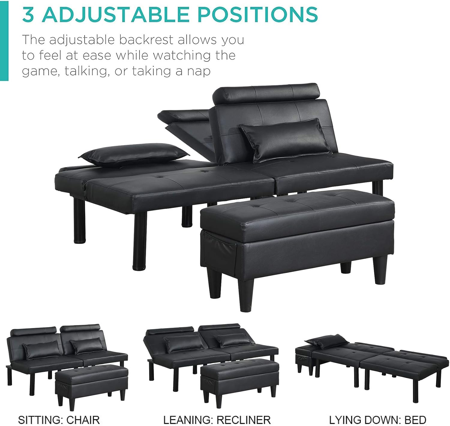 Futon Sofa Bed Couch and Sleeper with Storage Ottoman Footstool or Coffee Table and 2 Lumbar Pillows,Adjustable Convertible Futon Sofa Bed Sleeper Couch Loveseat,Small,Metal Leg,Leather (Black),66x33x13.8