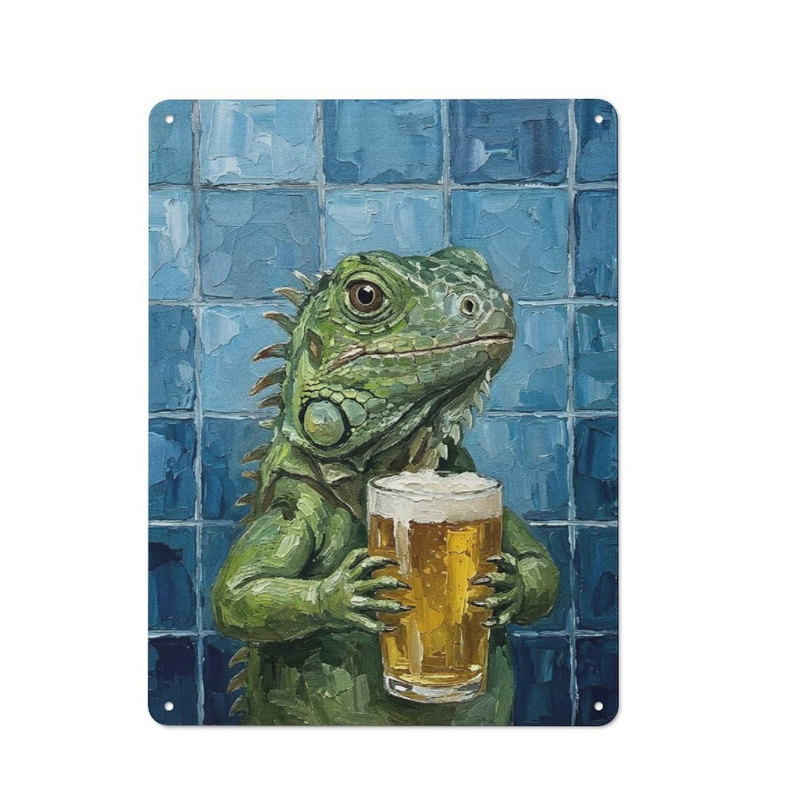Junmoney Style-10 Tin Wall Plaque 40X30cm With Iguana With Beer Painting For Hallway Wall, Suited To Hallway Decor Lovers, For Retro Home Interiors