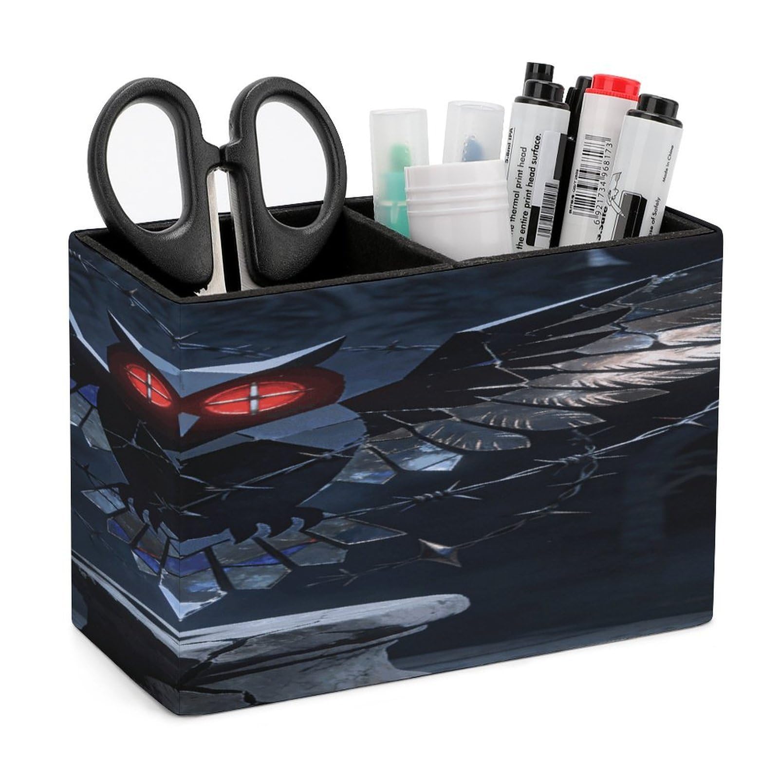 LZQPOEAS Gothic Abstract Owl Pen Holder Double Compartments Pen Cup Makeup Brush Holders Leather Pencil Holder Locker Organizer for Work Locker Accessories Modern Pencil Cup for Desk