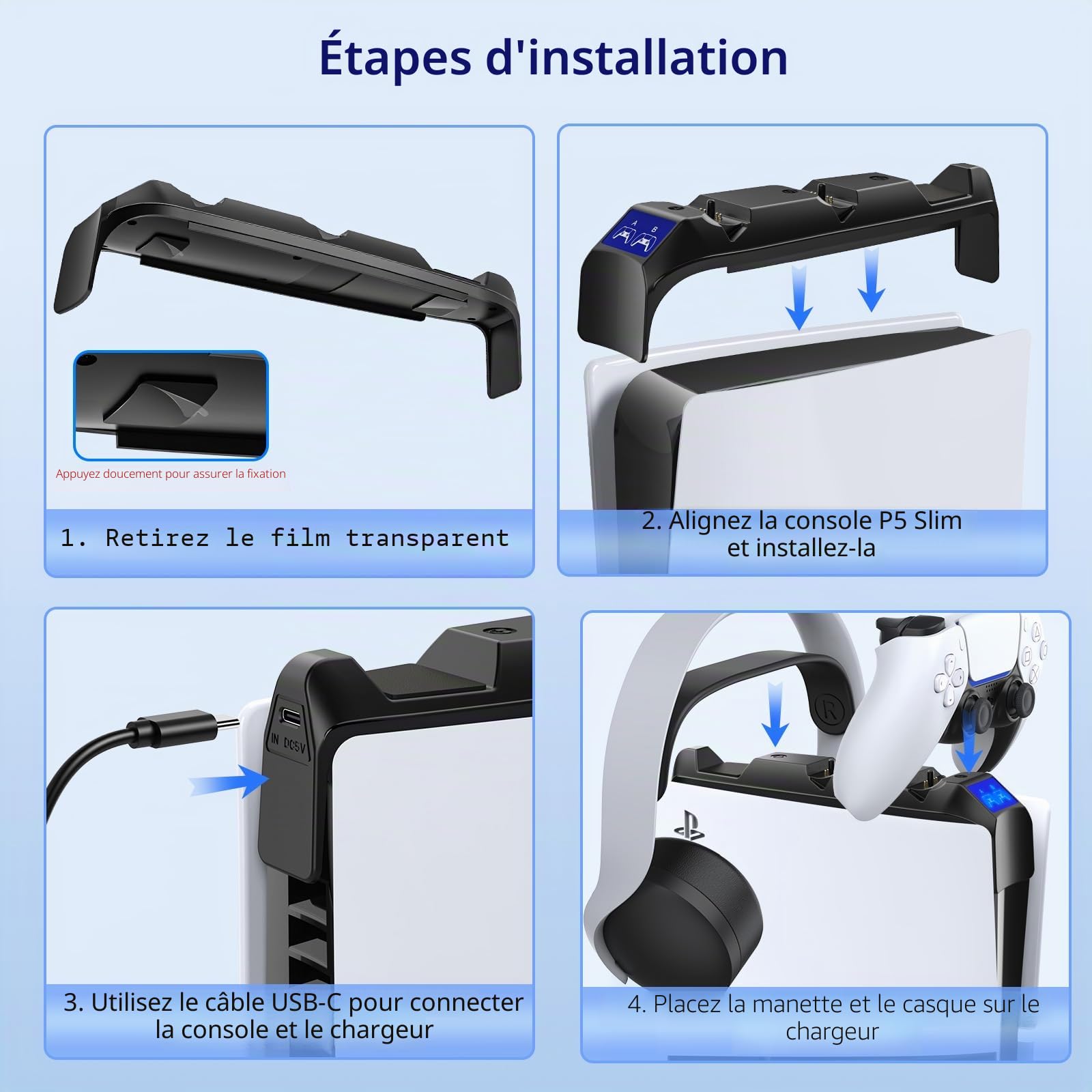 Support de Chargeur pour PS5 Slim Manette, Charge Uniquement pour Playstation 5 Slim Disc & Digital Console Accessoire avec Support pour Casque D'écoute