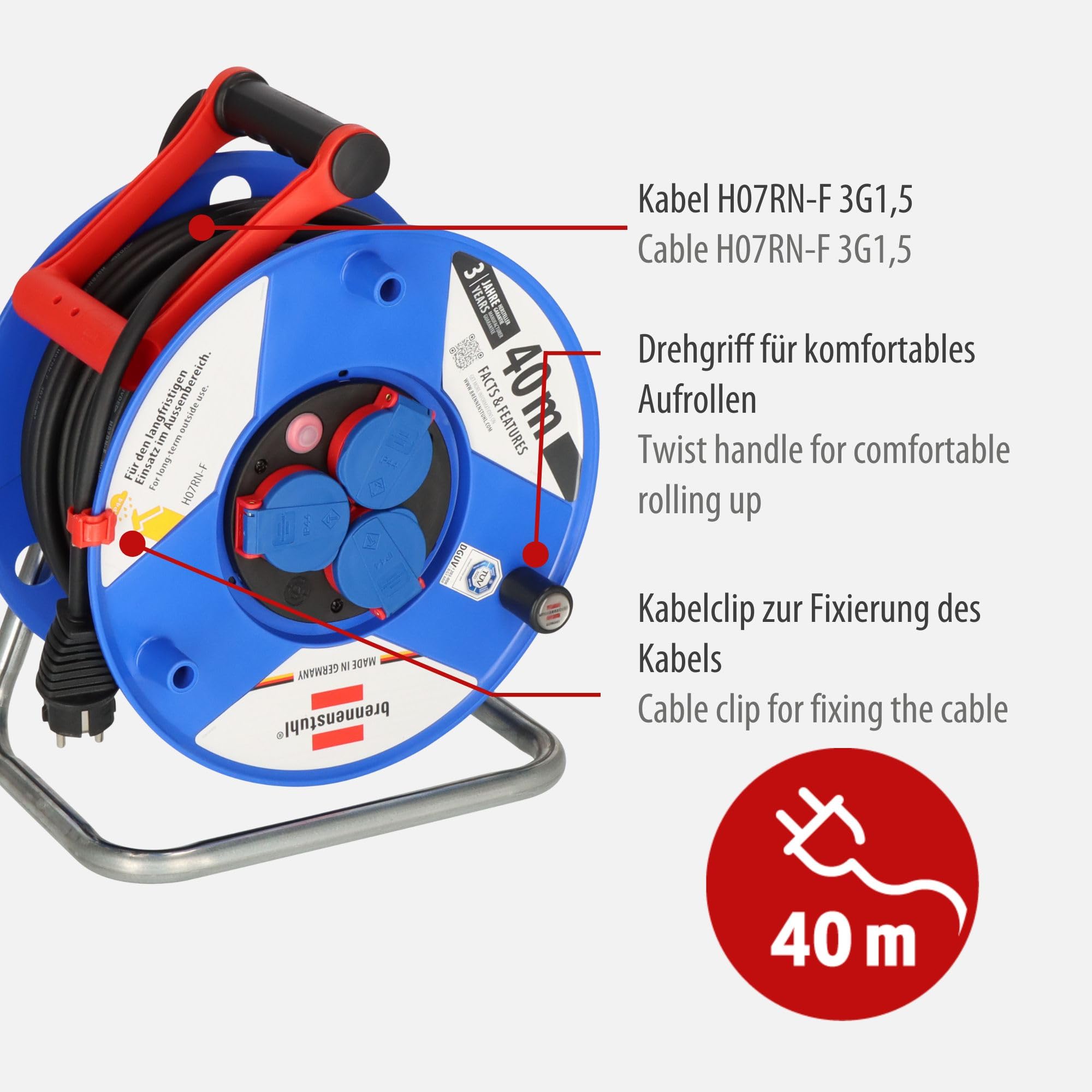 Brennenstuhl Garant IP44 Gewerbe-/Baustellen-Kabeltrommel, 40m - Spezialkunststoff (Baustelleneinsatz und ständiger Einsatz im Außenbereich, Made in Germany) blau