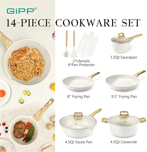 Miniatura 2 de GiPP Juego de ollas y sartenes antiadherentes, 14 piezas de utensilios de cocina de granito blanco, utensilios de cocina antiadherentes de inducción