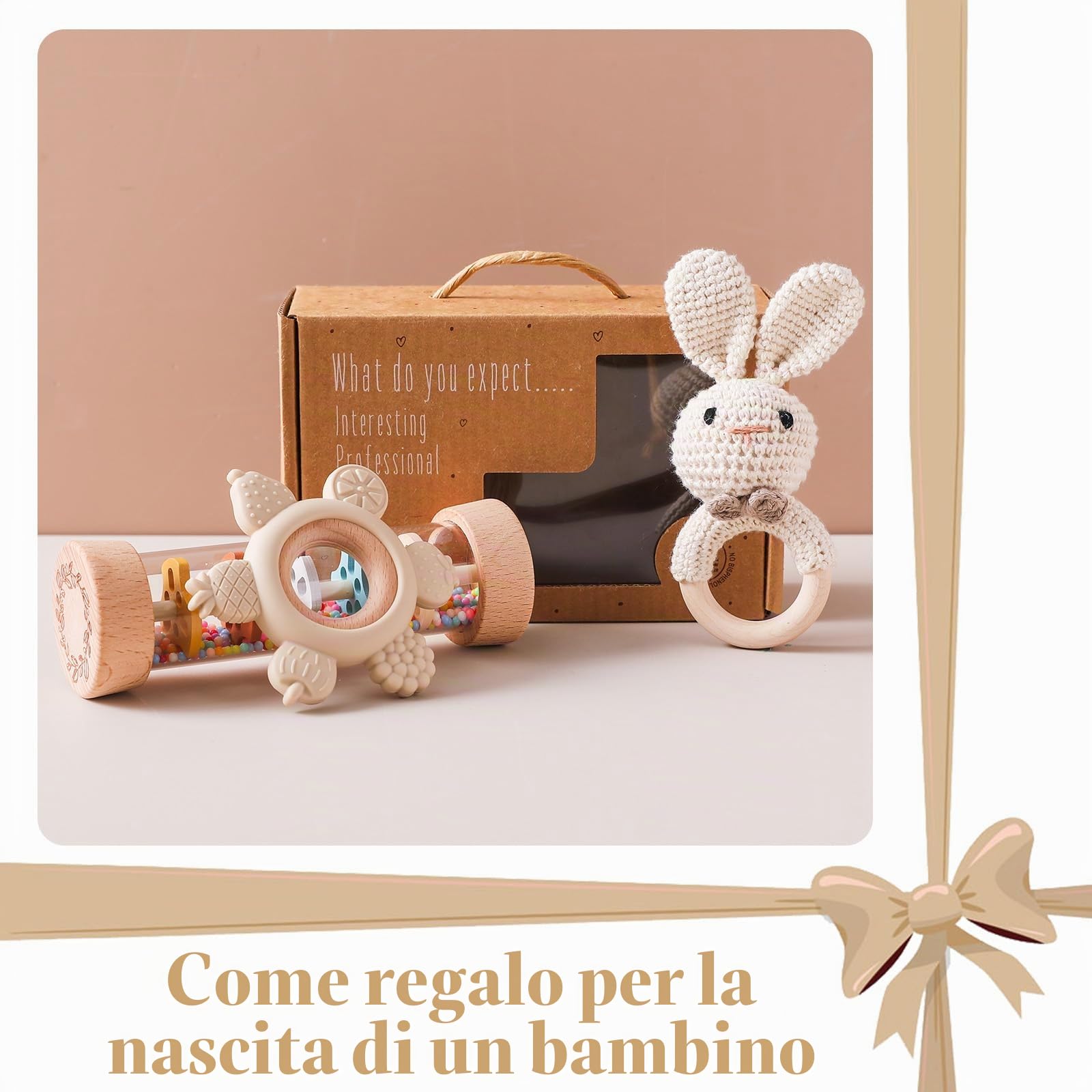 Set di 3 massaggiagengive per bambini 0 3 6 9 mesi – Set di 3 massaggiagengive con sonaglio all'uncinetto e giocattoli in legno, giocattoli Montessori giocattoli a partire da 0 a 12 mesi