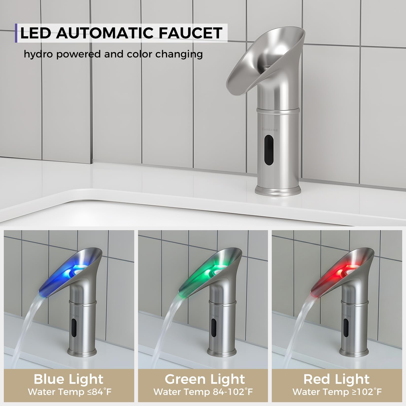 Gangang Led Fría y Caliente Sensor Automático Grifo Sin Contacto DC 3 Color Lavabo Grifo Cambiado por Presión de Agua Led Alimentado por Presión de Agua...