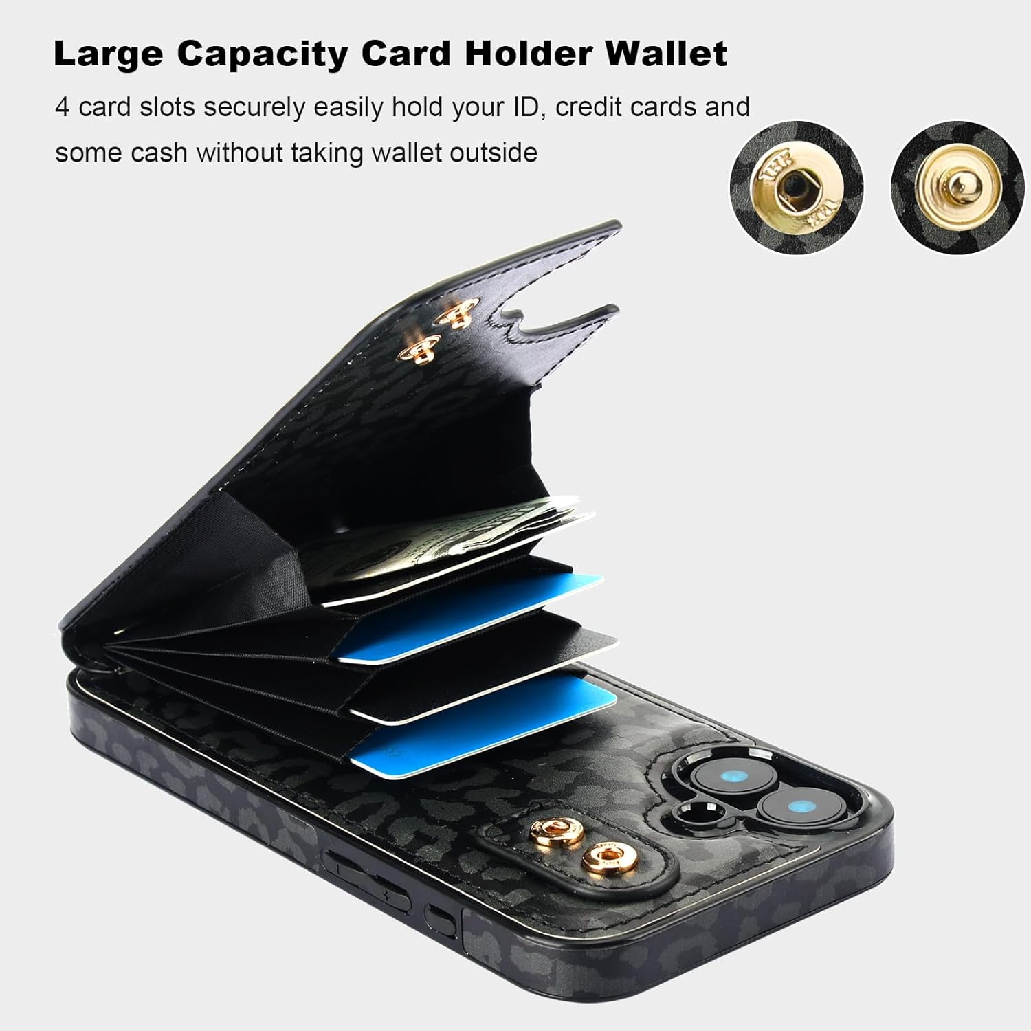 HAOPINSH for iPhone 16 Plus Wallet Case with Card Holder, 360°Rotation Ring Kickstand, Black Leopard Pattern, RFID Blocking Leather for Girls Women, Double Buttons Protective Cover 6.7"