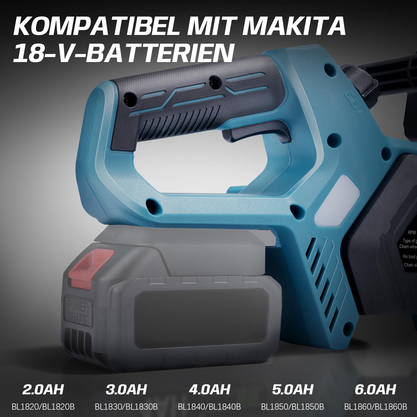 Akku Kettensäge 12 Zoll, Elektro Kettensäge kompatibel mit Makita 18V Akku | 1000W Bürstenloser Motor | Automatische Kettenschmierung | Werkzeuglose Kettenspannung | 30cm Schwertlänge (ohne Akku)