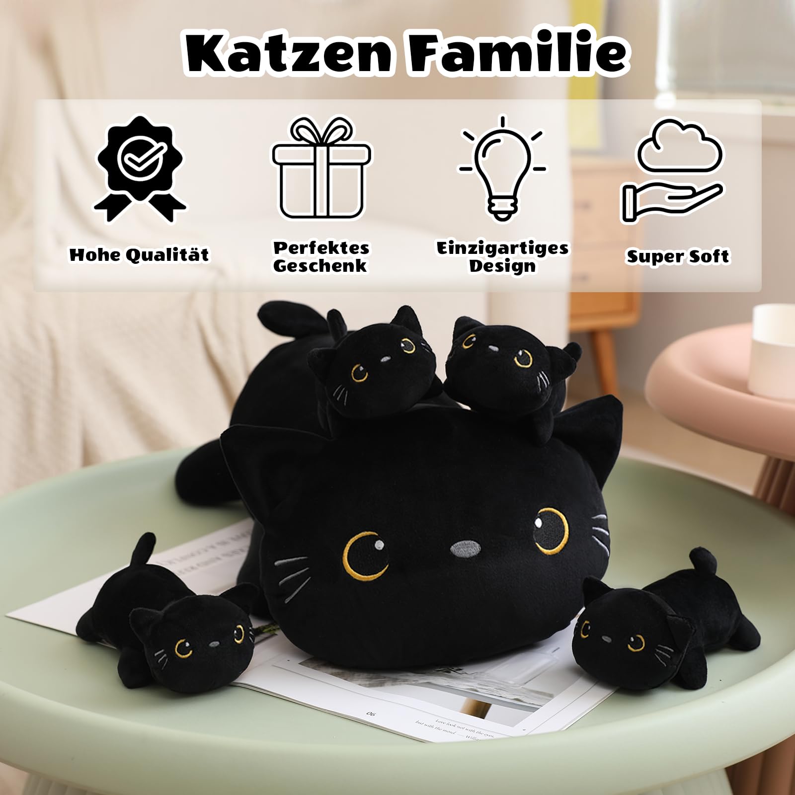 SQEQE Black Cat Plushies wypchane zwierzęta z 4 niemowlętami, śliczny czarny kot, pluszowa poduszka, miękka zabawka, prezent urodzinowy dla dziewcząt, chłopców