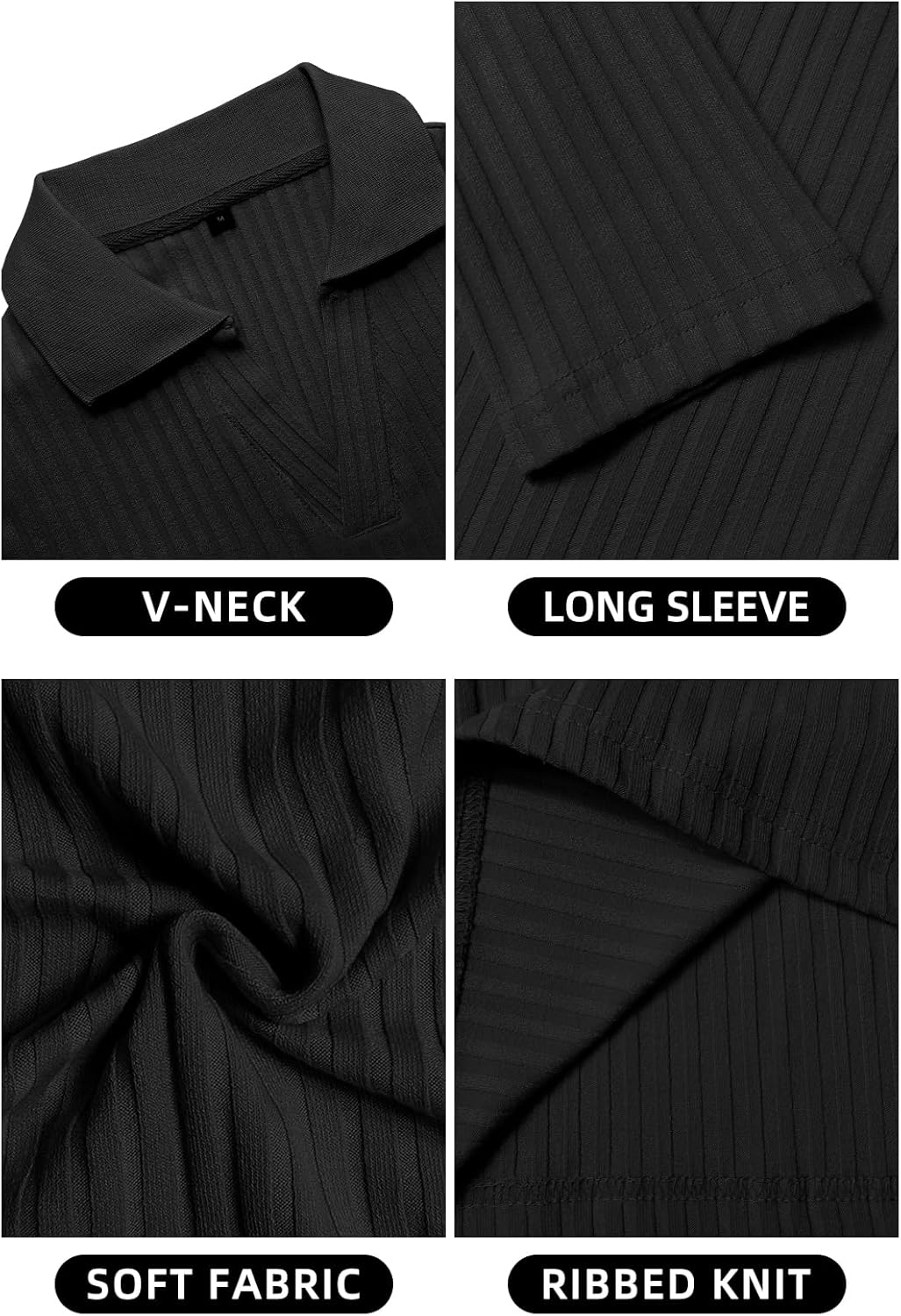 YTD Men's Muscle V Neck Polo Shirts Slim Fit Long Sleeve Golf T-Shirts Ribbed Knit Soft Casual Tees - Image 5