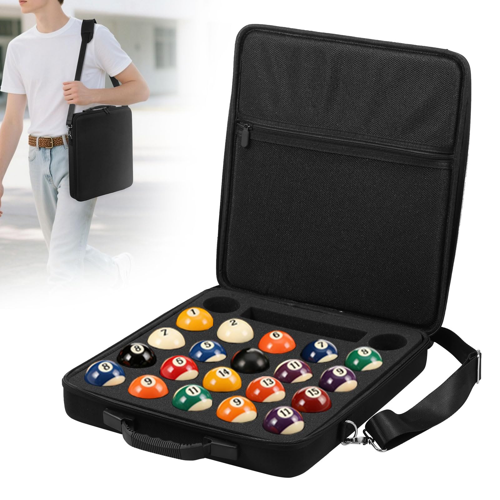 Sesaver Pool Ball Carrying Case, Portable Billiard Case with Adjustable Shoulder Strap 34.5x7x38 CM Billiard Balls Carrying Bag with Handle for Indoor Outdoor Activities Competition Training