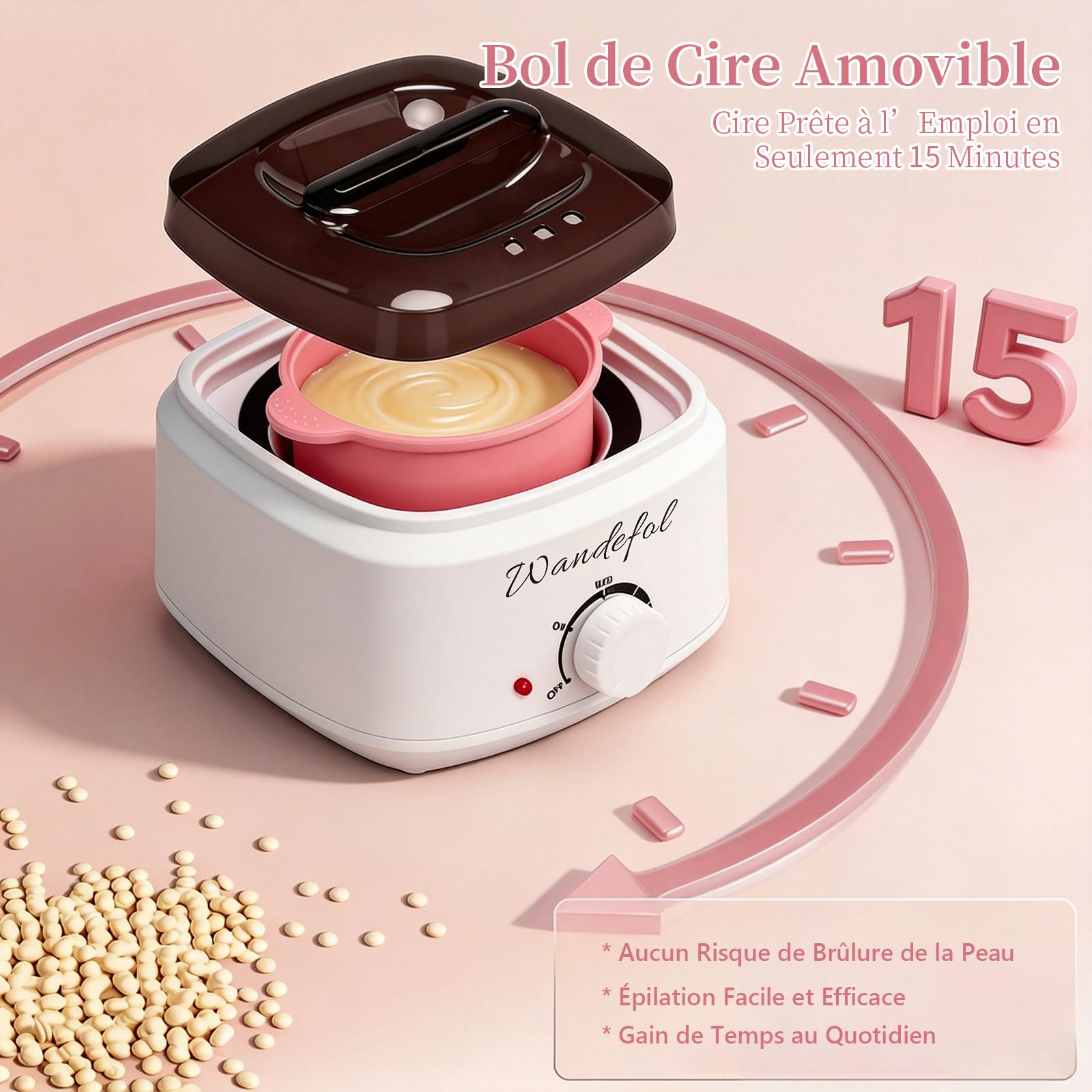 Chauffe Cire Epilation, Kit Epilation Cire Inclure 400g Perles de Cire Chaude, Bol en Silicone, 30 Spatules - Appareil Cire Epilation pour Visage, Corps & Maillot