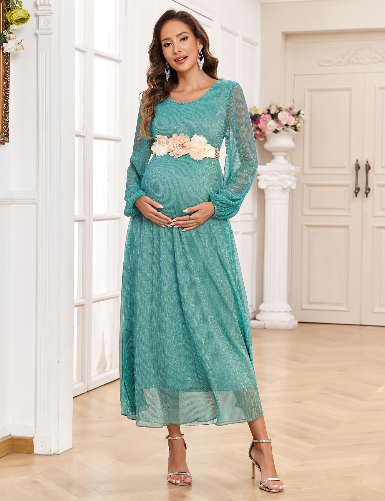 AISWI 2025 Umstandskleid mit glitzerndem Netzstoff, fließendes Maxikleid mit Gürtel, lange Ärmel, Schwangeres, langes Kleid, Babyparty, Fotoshooting, formell