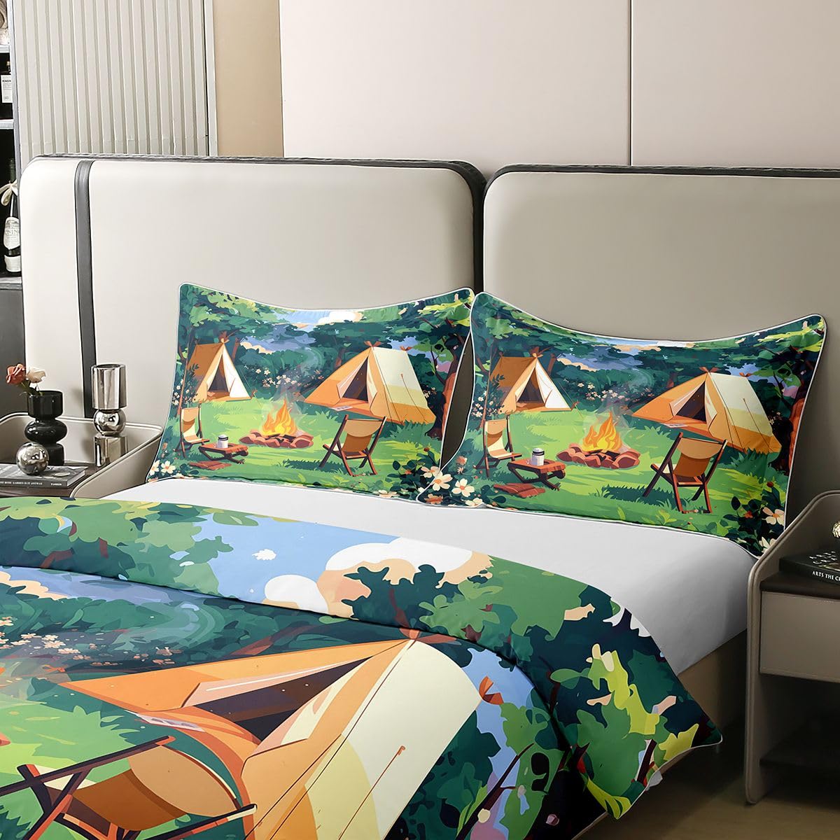 Loussiesd Juego de funda de edredón 100 % algodón, tamaño King, funda de edredón Happy Camping para niños y niñas, juego de ropa de cama de 3 piezas, accesorios de caravana, decoración de habitación