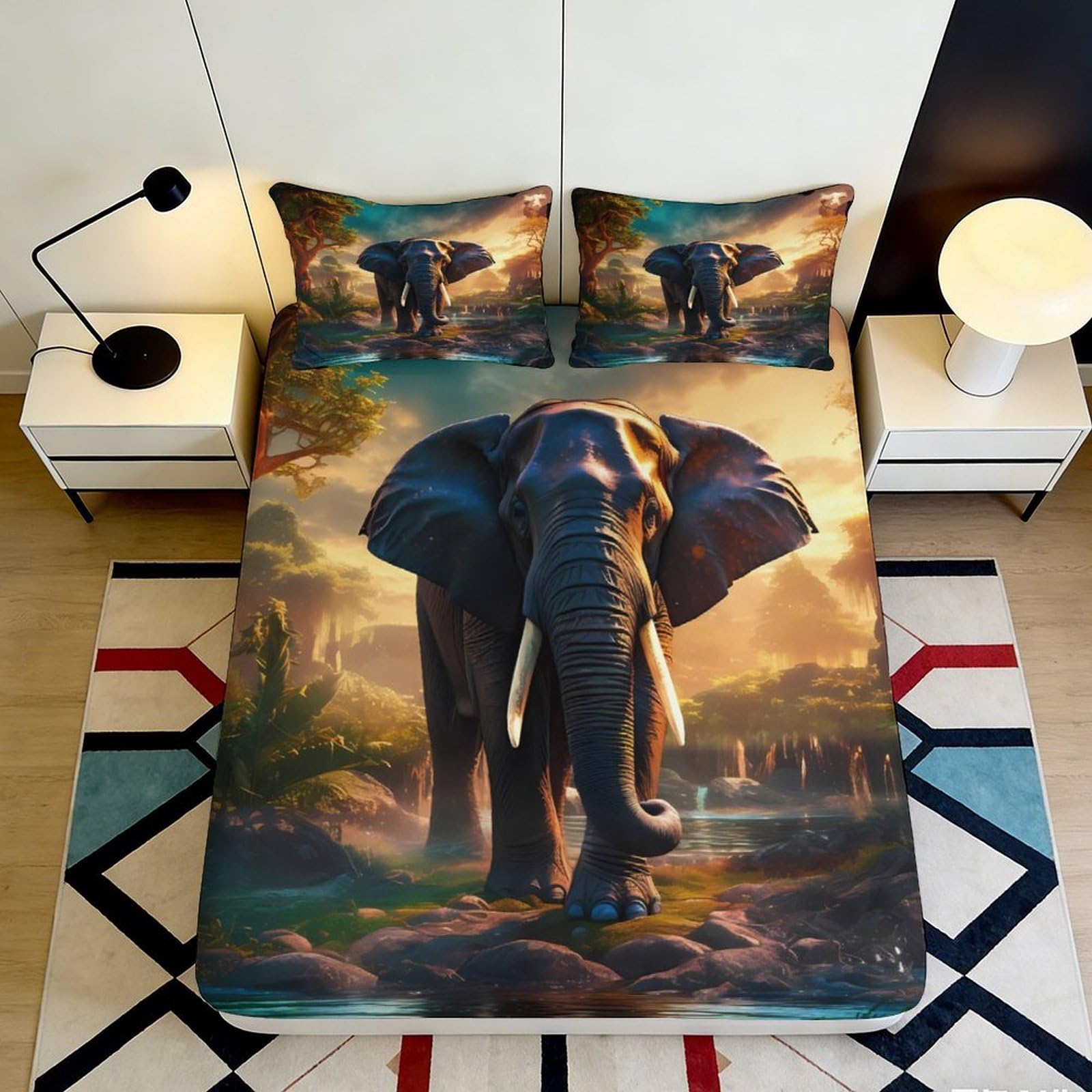 3D Printed Majestic Elephant Fitted Sheet Microfiber Soft Breathable Sunset Savannah Bed Cover for Bedroom Guest Room Decor 90x200x25cm