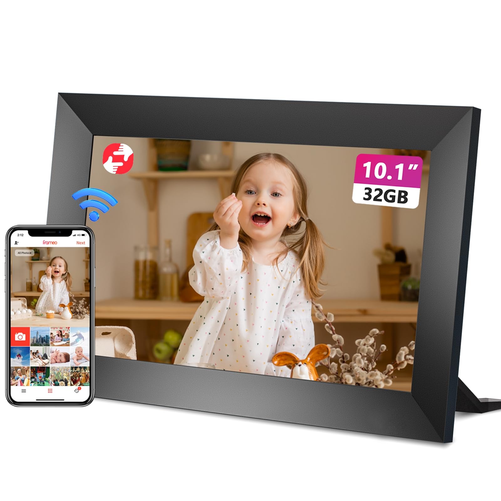 Cadre Photo Numérique WiFi-10,1 Pouces Écran Tactile HD IPS 1280 x 800, Mémoire 32 Go, Rotation Automatique, Montage Mural, Partage Facile de Photos et de Vidéos Instantanément, Frameo