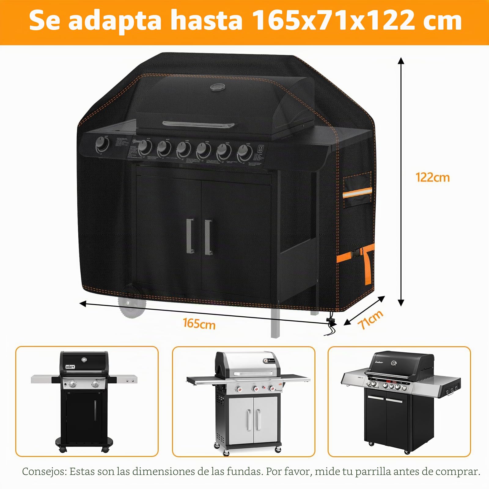 Funda Barbacoa Exterior Impermeable, Resistente Tela 600D Oxford Cubierta BBQ Gas 165x71x122cm, Funda Protectora de Parrilla Universal Anti-Viento/Anti-Polvo/Anti-Humedad Negro