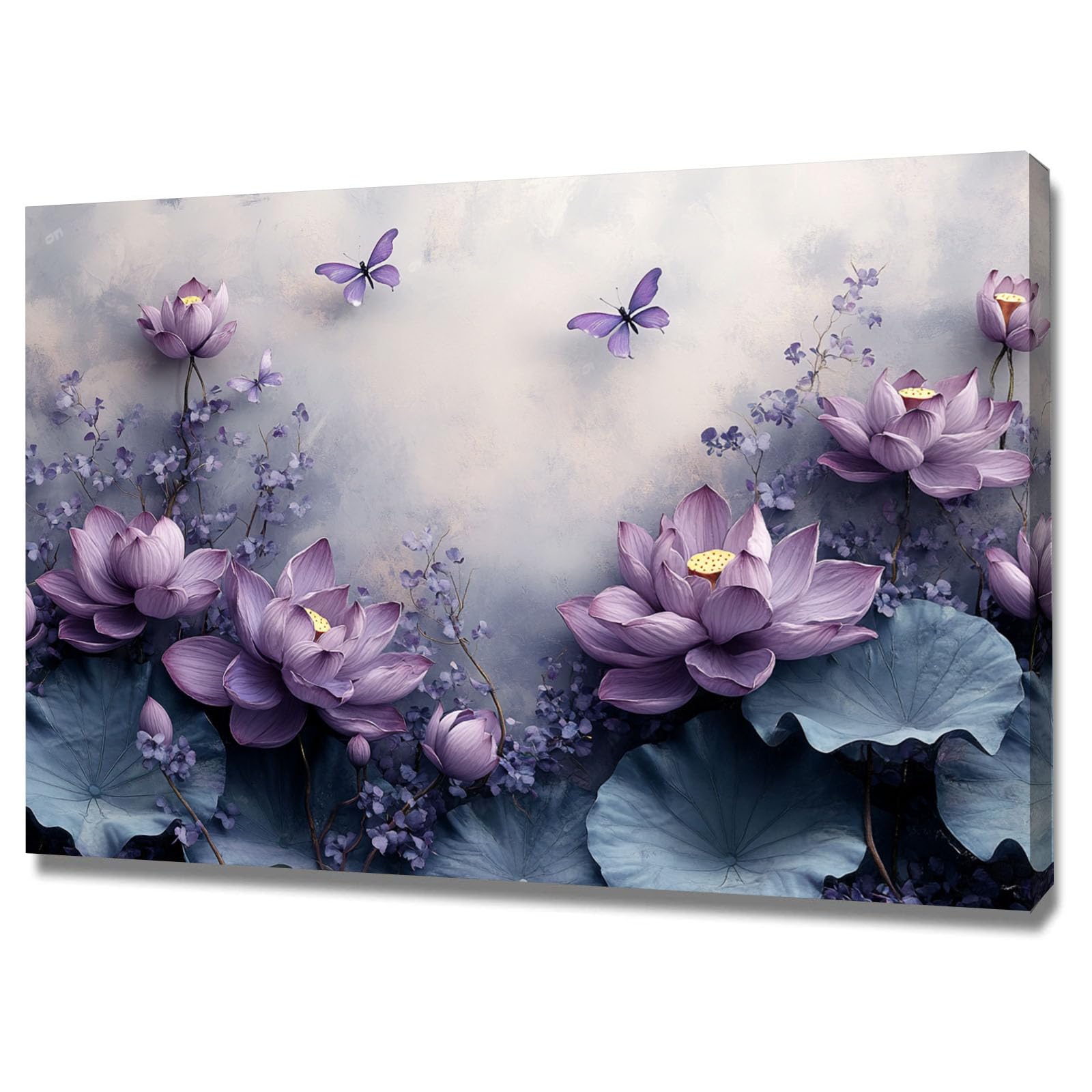 Teruea Lilac Flowers Wall Art Purple Lotus And Butterfly Colorful Flowers Pictures Paintings On Canvas Wall Art For Living Room Bedroom Home Decorations(Lilac)-30X45cm1 Framed