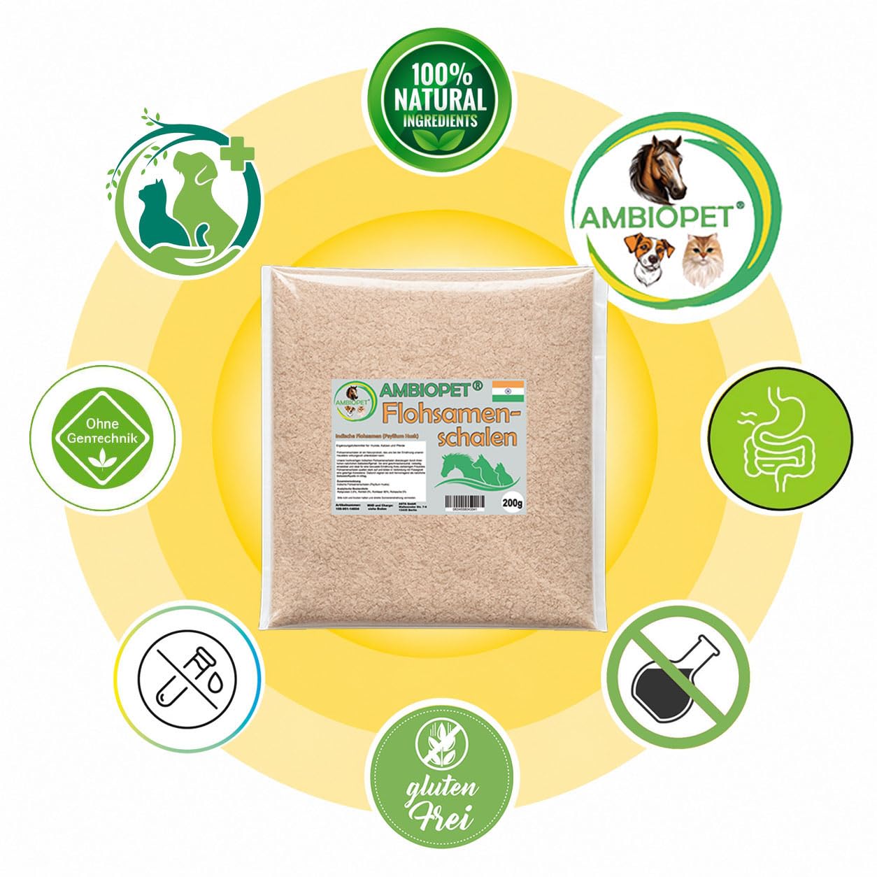 Flohsamenschalen (Psyllium Husks) gemahlen im 3kg Beutel, eine natürliche, geschmacksneutrale Ballaststoffquelle für den täglichen Bedarf von Hund, Katze und Pferd