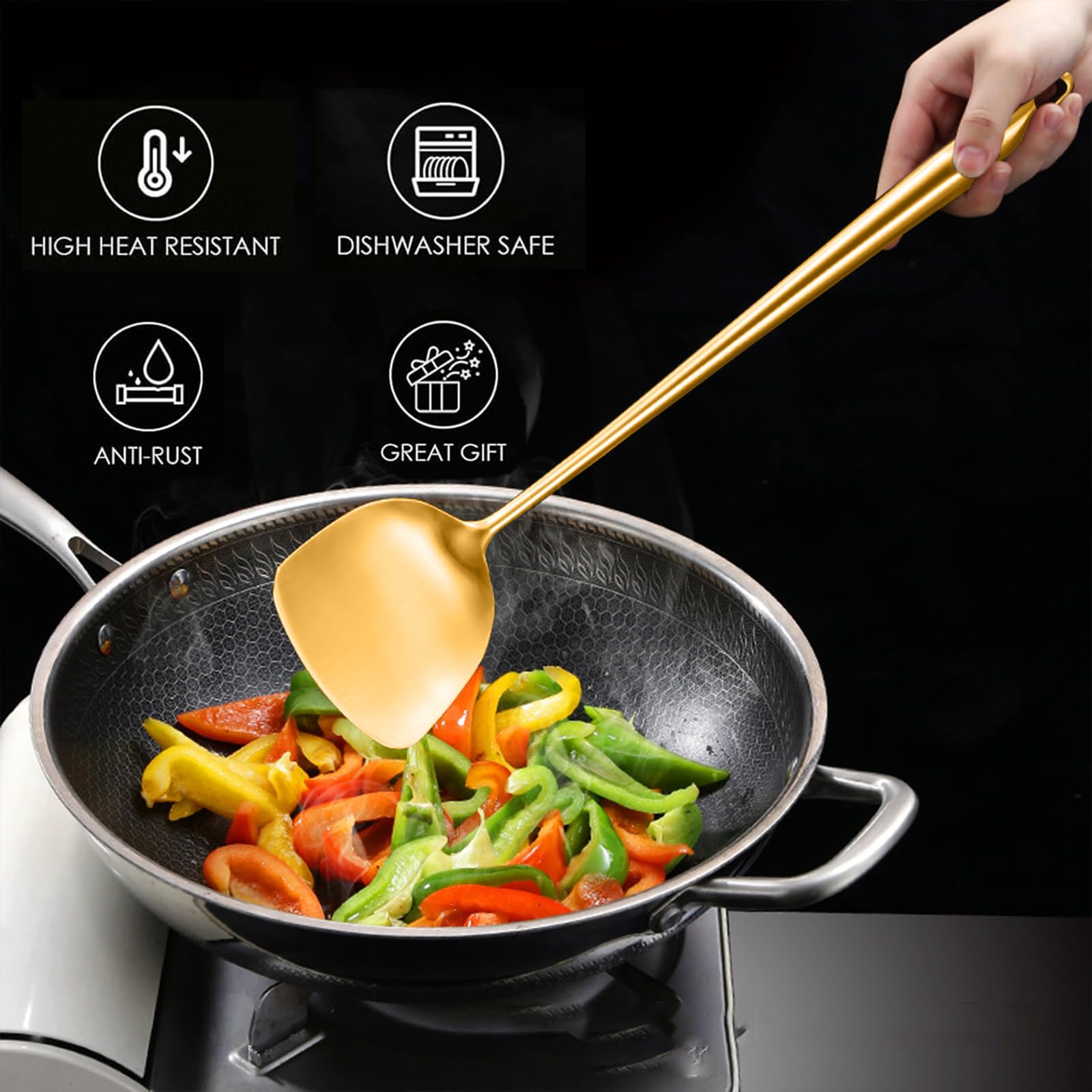 Set di utensili da cucina in acciaio inox, 10 pezzi, utensili da cucina dorati, schiacciapatate cucchiaio solido scanalato cucchiaio forchetta spatola mestolo schiumarola spatola scanalata Tunner