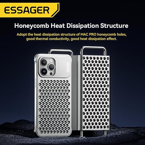 Miniatura 3 de ESSAGER Aleación de aluminio 3D de disipación de calor agujeros anticaída bisel delgado caso para iPhone 14 Pro Max (para iphone14 Pro, gris)