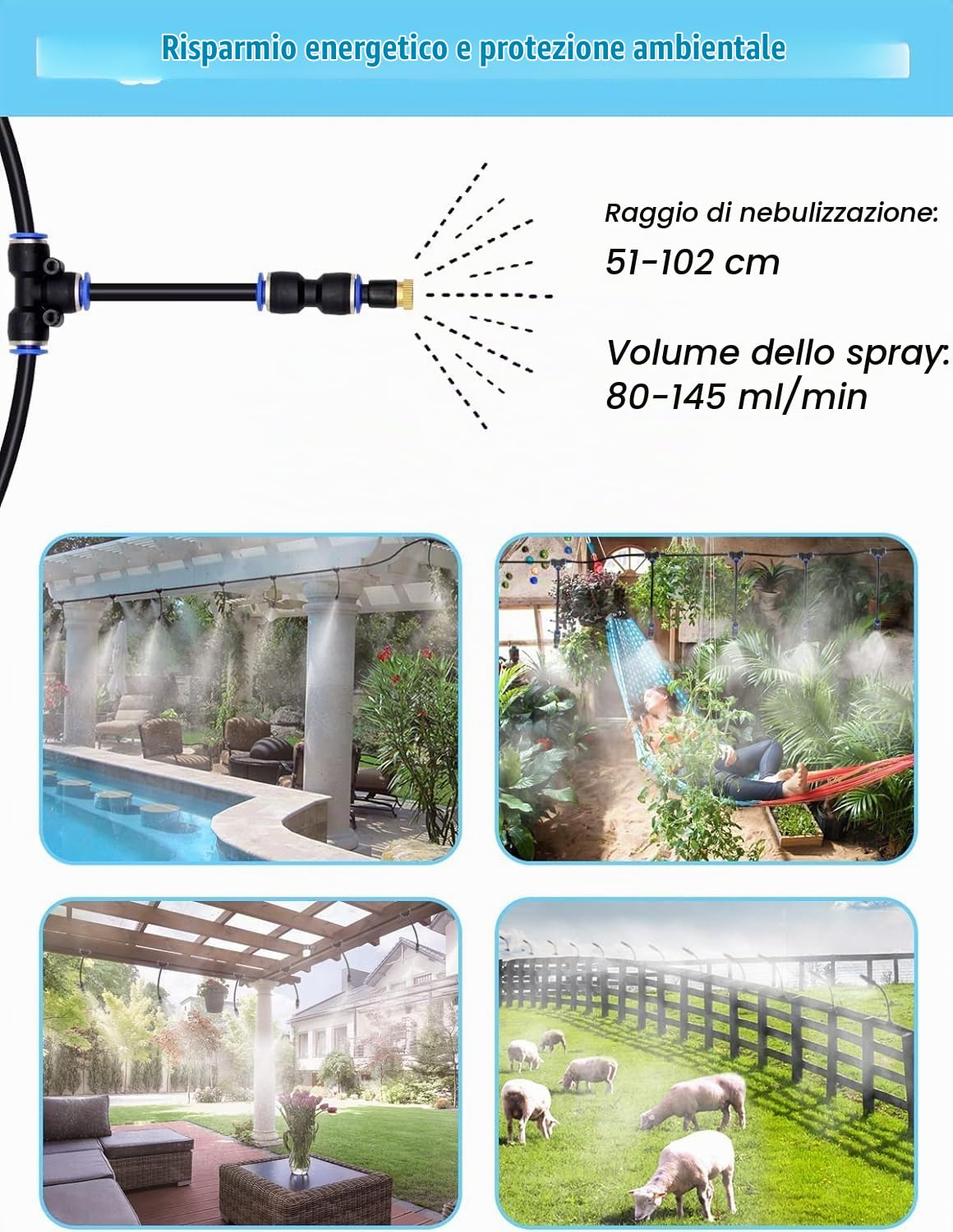 Nebbia spray per esterni, 20 m, sistema di irrigazione a spruzzo con ugelli per nebbia, raffreddamento per serre, giardino, terrazza, serra