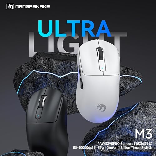 MAMBASNAKE M3 39g SUPERLIGHT Mouse, PixArt PAW3395PRO Gaming Sensor, BT/2.4G Wireless/Wired Gaming Mouse, 6 Adjustable DPI up to 40000, 200 Hrs Battery, Office Mice for Win11/Xbox/PS/Mac (White) - 2