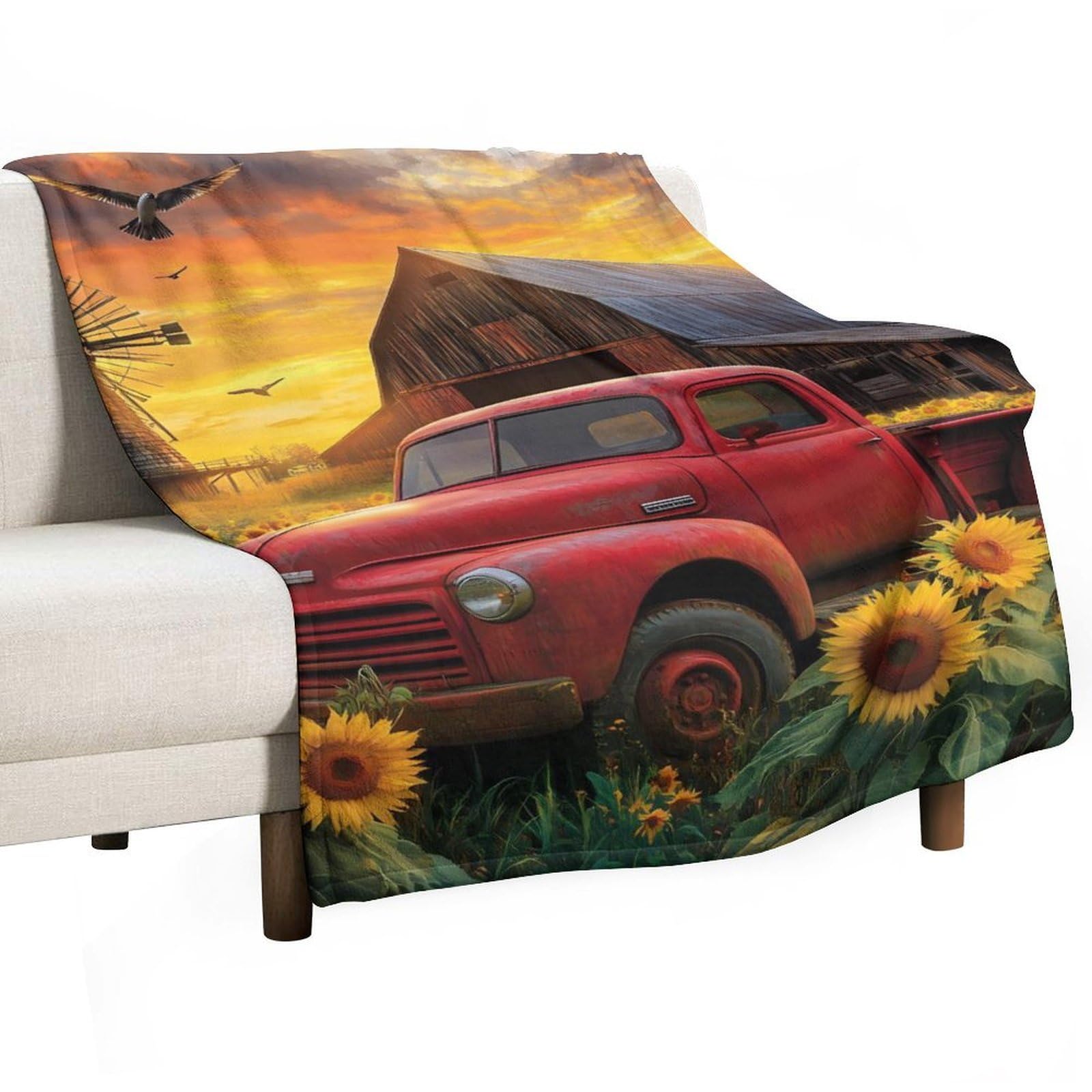 Cgsbngha Style Farmhouse Red Truck Flannel Fleece Blanket Lightweight Soft Throw Blankets For Sofa Couch Bed Chair