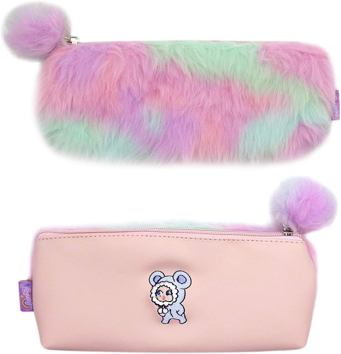 Rainbow Pencil Case by Hitos | Plush Pencil Box for Kids, Teens, Cute, Colorful Pencil Pouch for School (Pink)