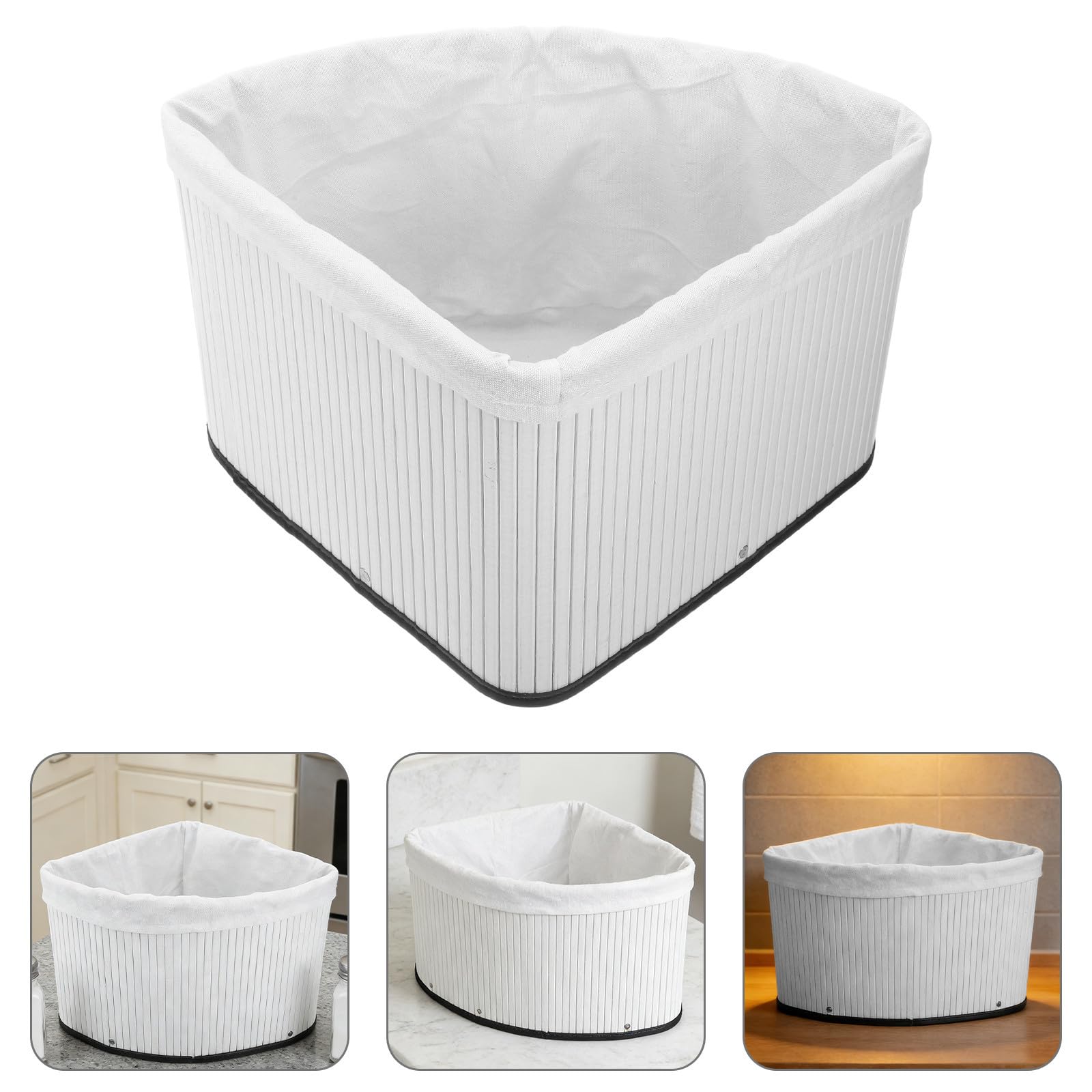 HEMOTON Cestino Triangolare in Bambù Bianco con Rivestimento, Organizer Angolare Salvaspazio per Cucina e Bagno, Scatola Portaoggetti Resistente