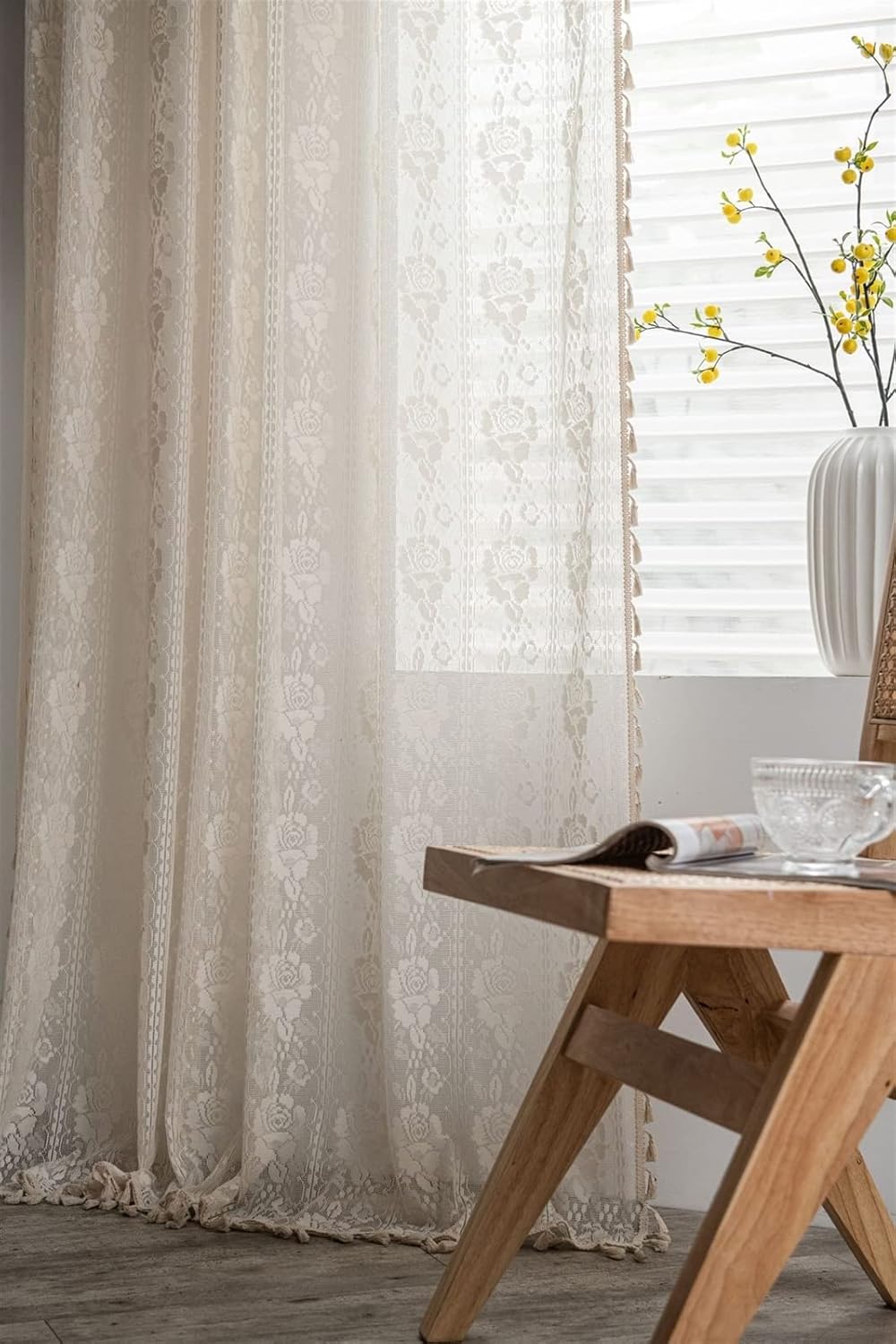 SK Studio Boho Windows Sheer Curtains Crochet Vintage Cotton Tassel Window Curtains Panels for Bedroom Living Room, 2 Panels, Style 3, W59 x L71 Inch