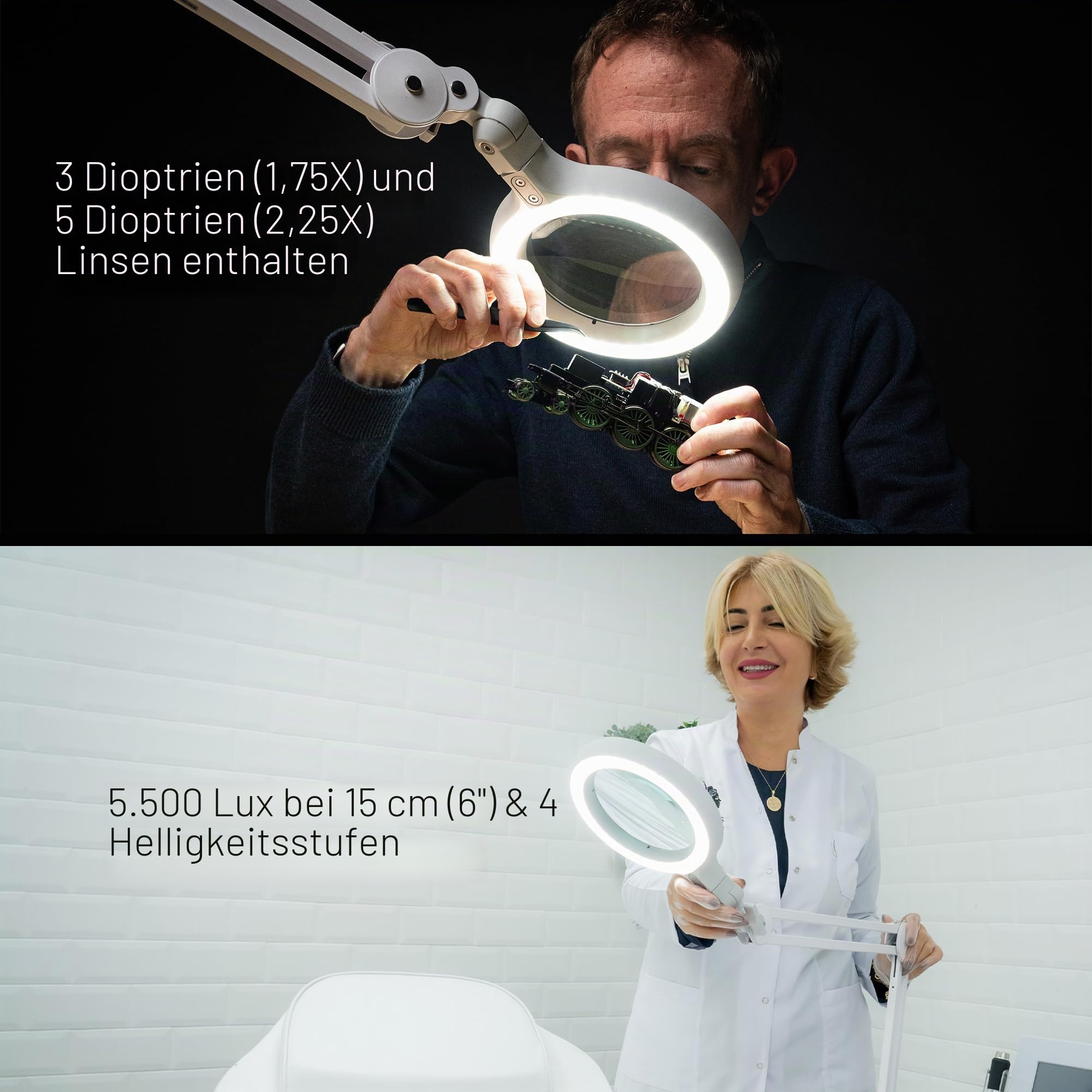 Daylight Omega 5™ Premium LED Lupenleuchte – Austauschbare Glaslinsen, Verstellbarer Arm & Dimmer, Lupenlampe für Gesundheit & Beauty, Nagelstudio, Tattoo, Sehschwäche & Profi-Einsatz, Weiß