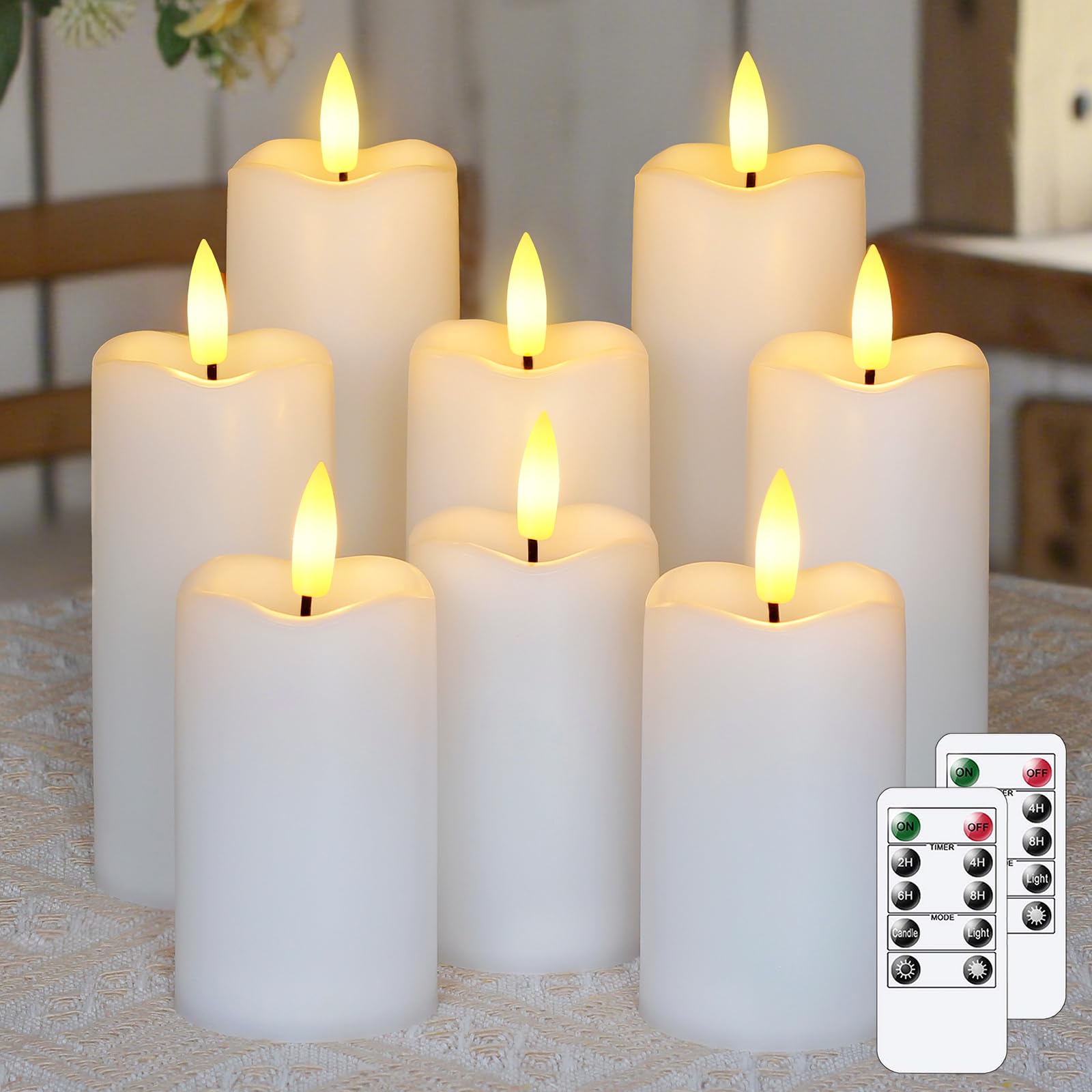 Mavandes Packung mit 8 flammenlos flackernden LED-Kerzen mit 2 Fernbedienungen und Timerfunktion, 5,3cm x 11cm 14cm 17cm Weiße batteriebetriebene Kunststoffkerzen