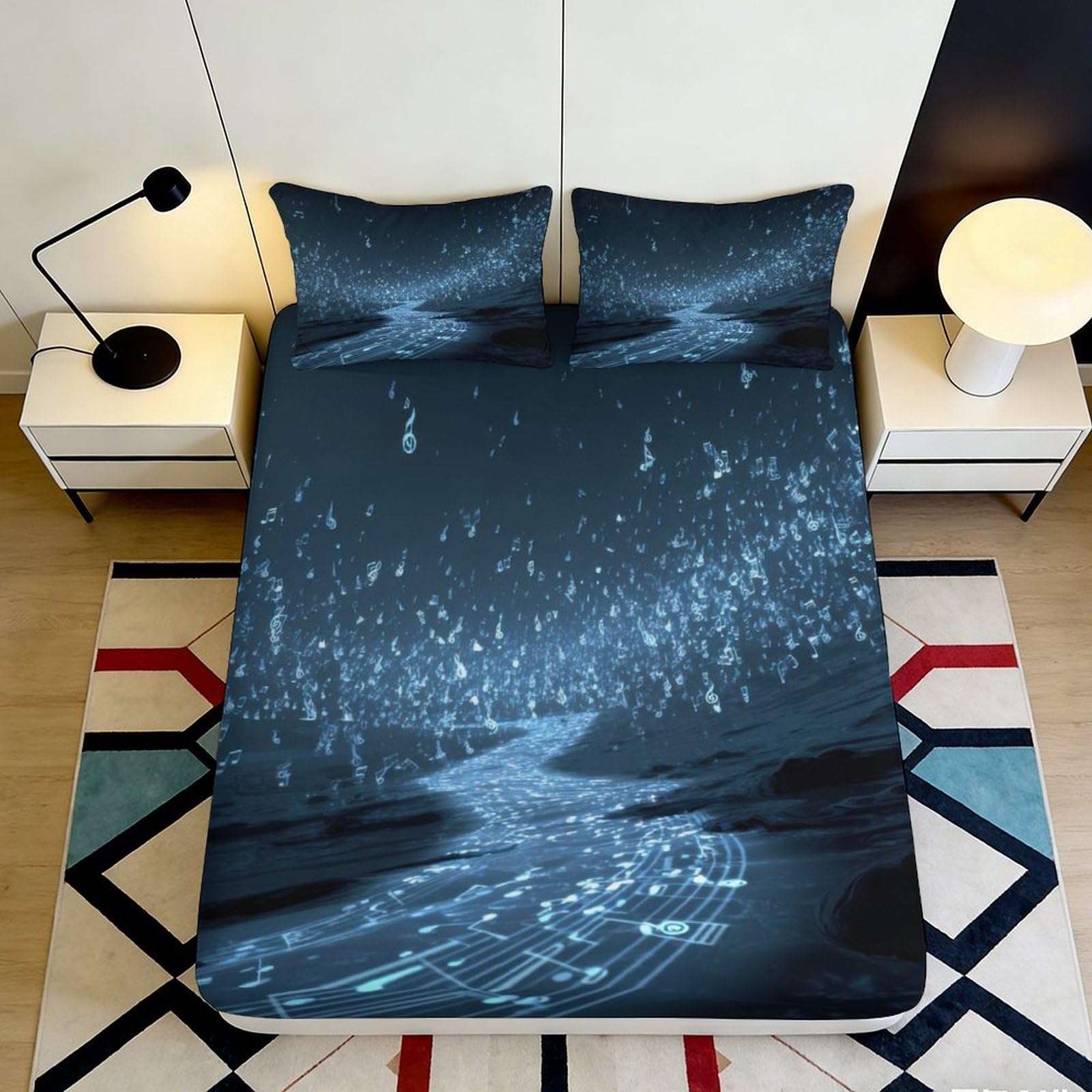 3D Printed Music Notes Fitted Sheet Microfiber Soft Dark Blue Melody Mattress Cover Bedroom Dorm Decor 160x200x25cm