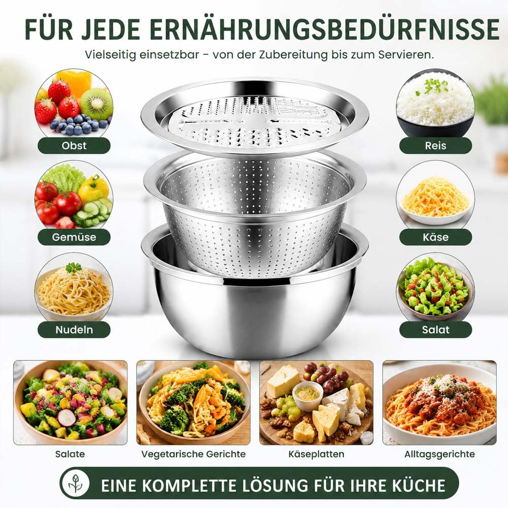 Multifunktionales Edelstahlbecken 3-In-1-Reibe, Abtropfsieb,SalatschüSsel,VergrößErt Und VerstäRkt (880 g),Siebbecken RüHrschüSsel-Set, FüR GemüSe, Obst Und ReisspüLer (26cm)
