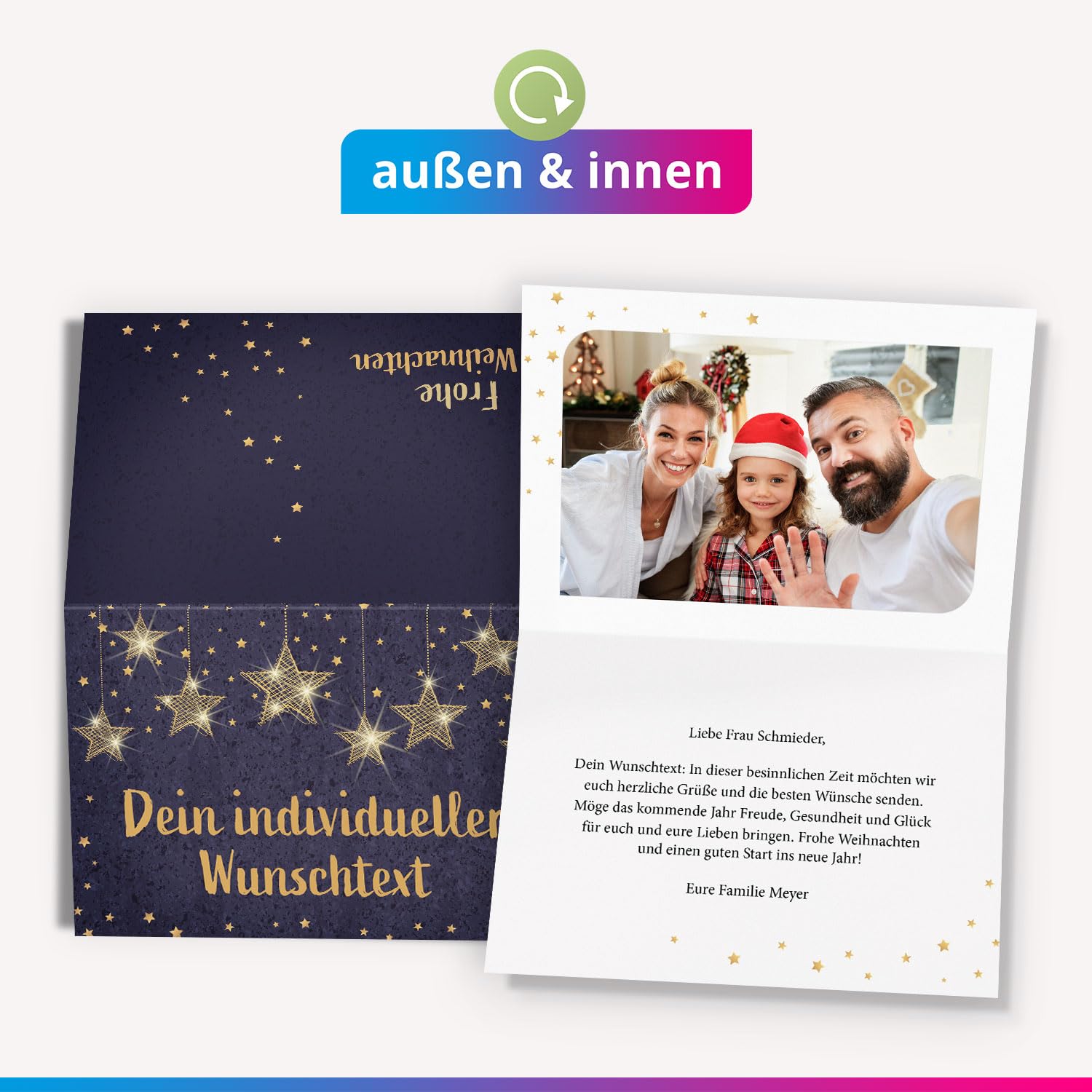 50 Weihnachtskarten personalisiert mit eigenem Text & Foto – Premium Grußkarten Set mit Umschlag - Weihnachten individuell gestalten | Klappkarten A6 | personalisierte Weihnachtskarten edel blau