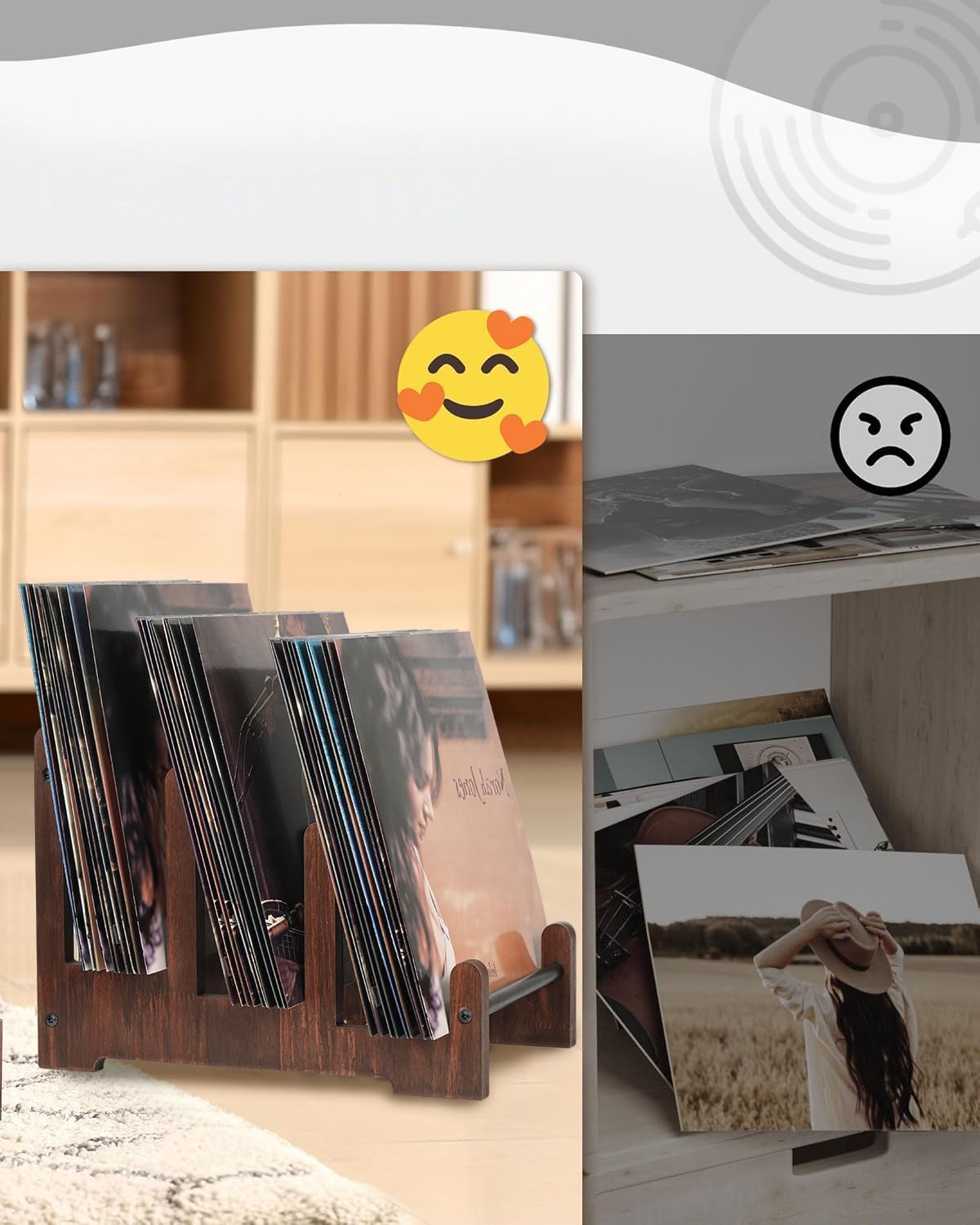 Fouvin Support Rangement Disques Vinyles – Étagère 3 Niveaux 60 Vinyles Bois Rétro 37x27x24 Cm