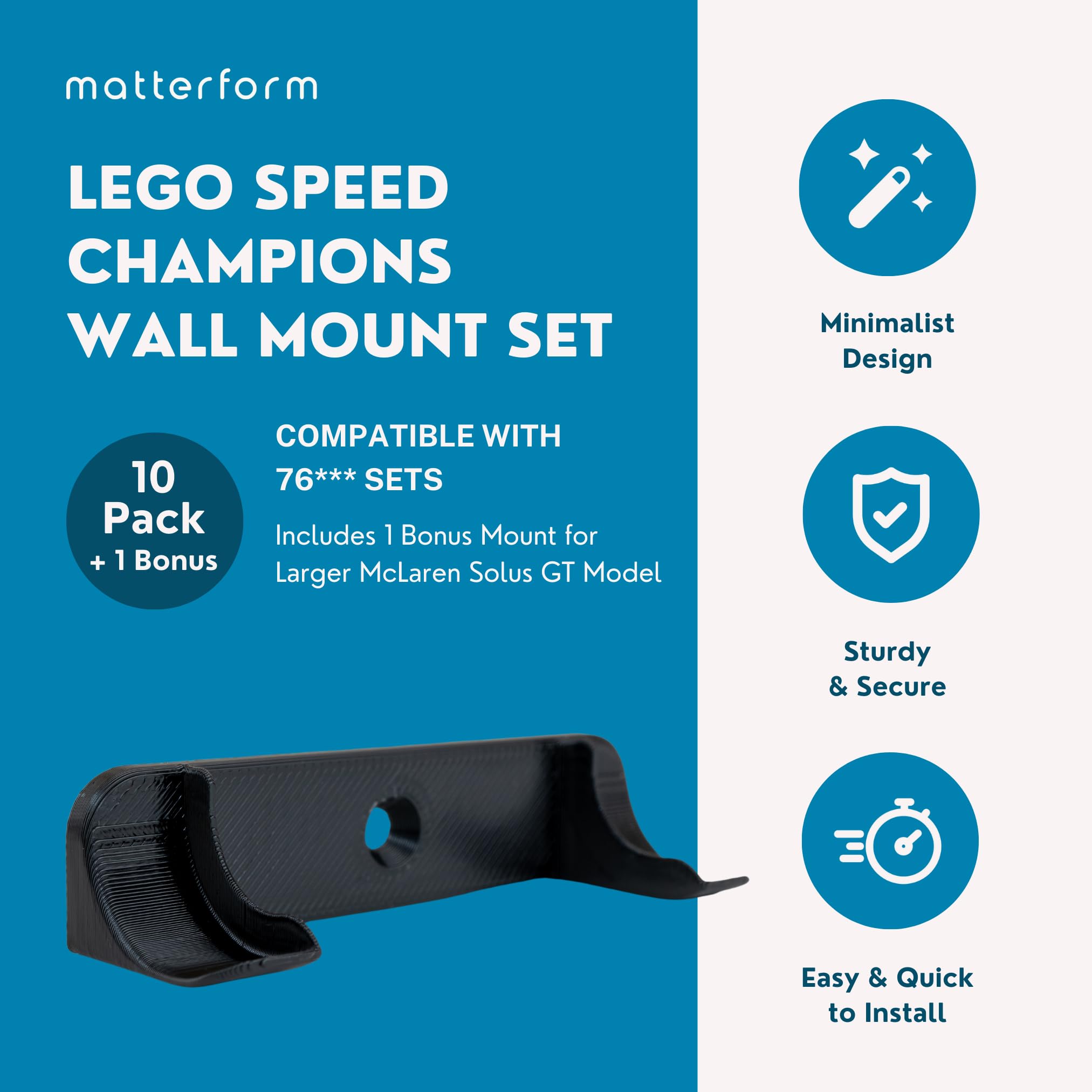 Wall Mount for Lego Speed Champions (10 Pack + 1 Bonus) | Compatible with 76*** Sets (2020 and Later) | Includes Large Size for McLaren Solus GT | Car Model Display Hanger & Holder