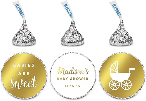 Andaz Press Trío de etiquetas de gota de chocolate personalizadas, tinta dorada metálica, baby shower, paquete de 216, se adapta a besos, hechas a