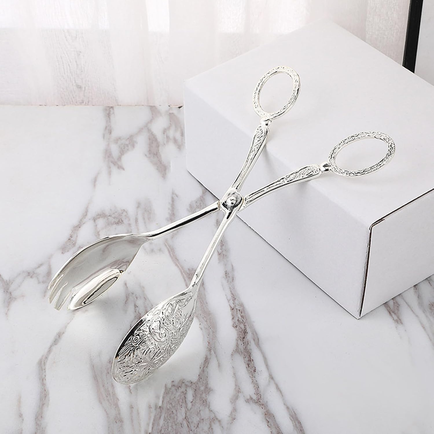 European Metal Engraving Salad Tongs with Scissor Handle for Cake Fruit Parties Elegant European Serving Tongs Spoon Fork Cake Fruit and Party Buffet