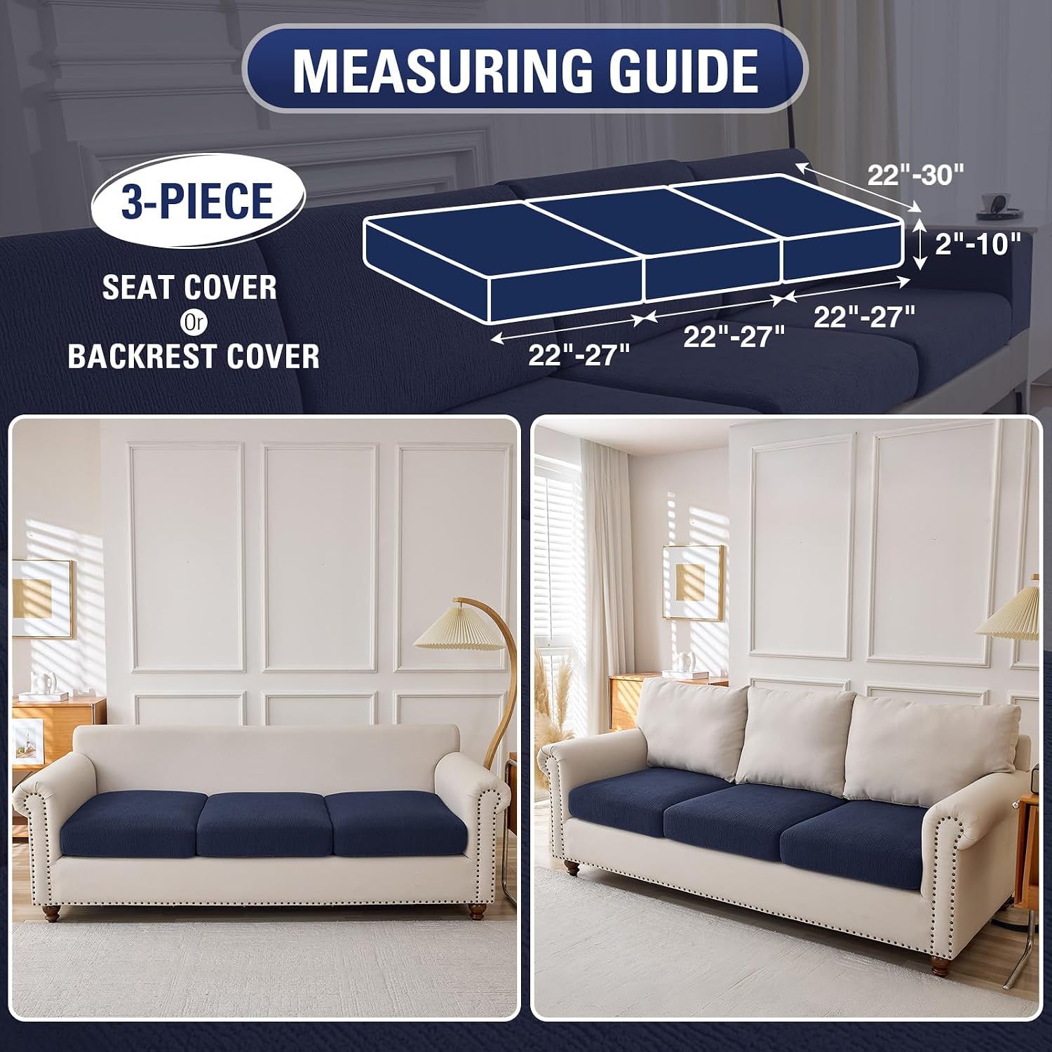 Couch Cushion Covers Sectional Couch Covers Stretch Washable Soft Seat Cushion Covers Furniture Protector Sofa Slipcovers for Pets(Navy,3 Pieces Seat Covers or Back Covers)
