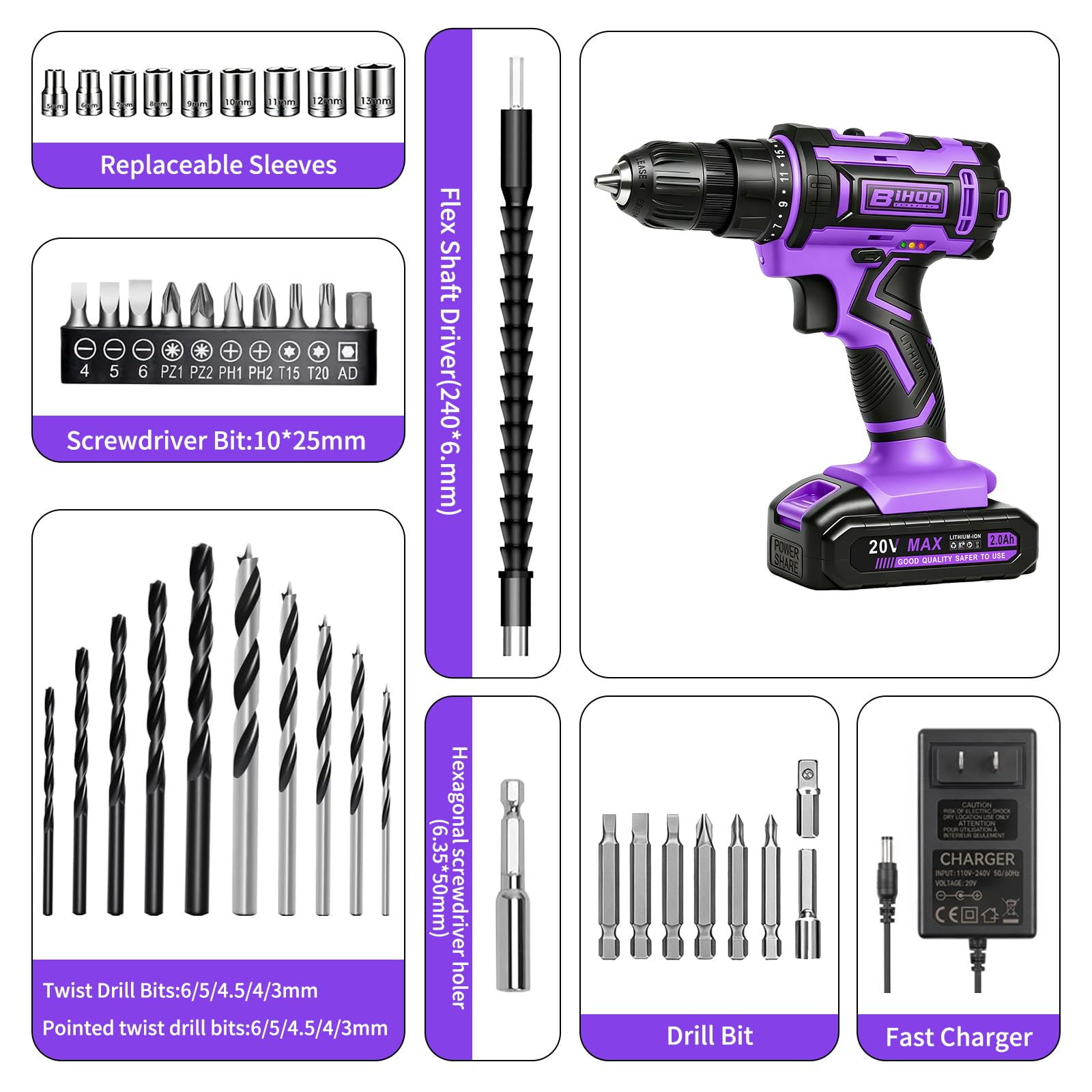 Set di trapano senza fili viola, trapano avvitatore da 20 V con batteria e caricabatterie, mandrino senza chiave da 3/8 pollici, velocità variabile, con set di punte per trapano